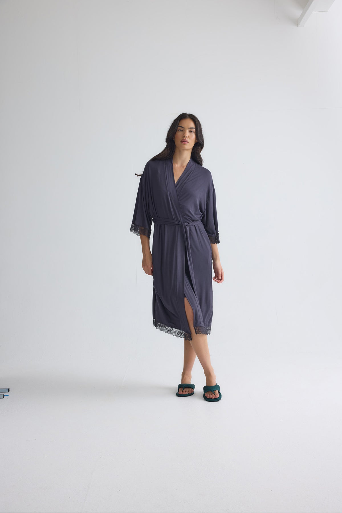 Bamboo Lace Kimono Robe in Raven