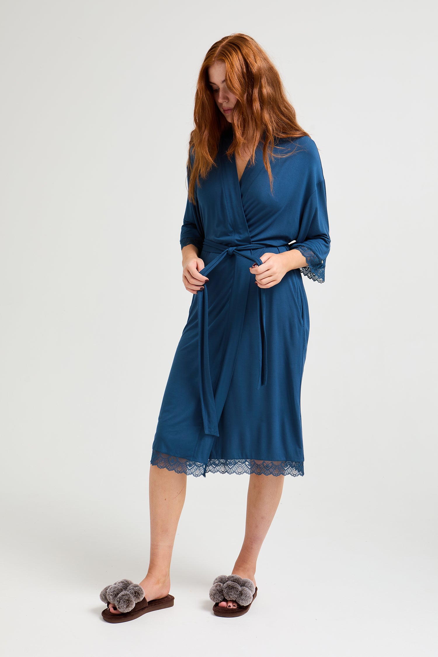 Bamboo Lace Kimono Robe in Teal