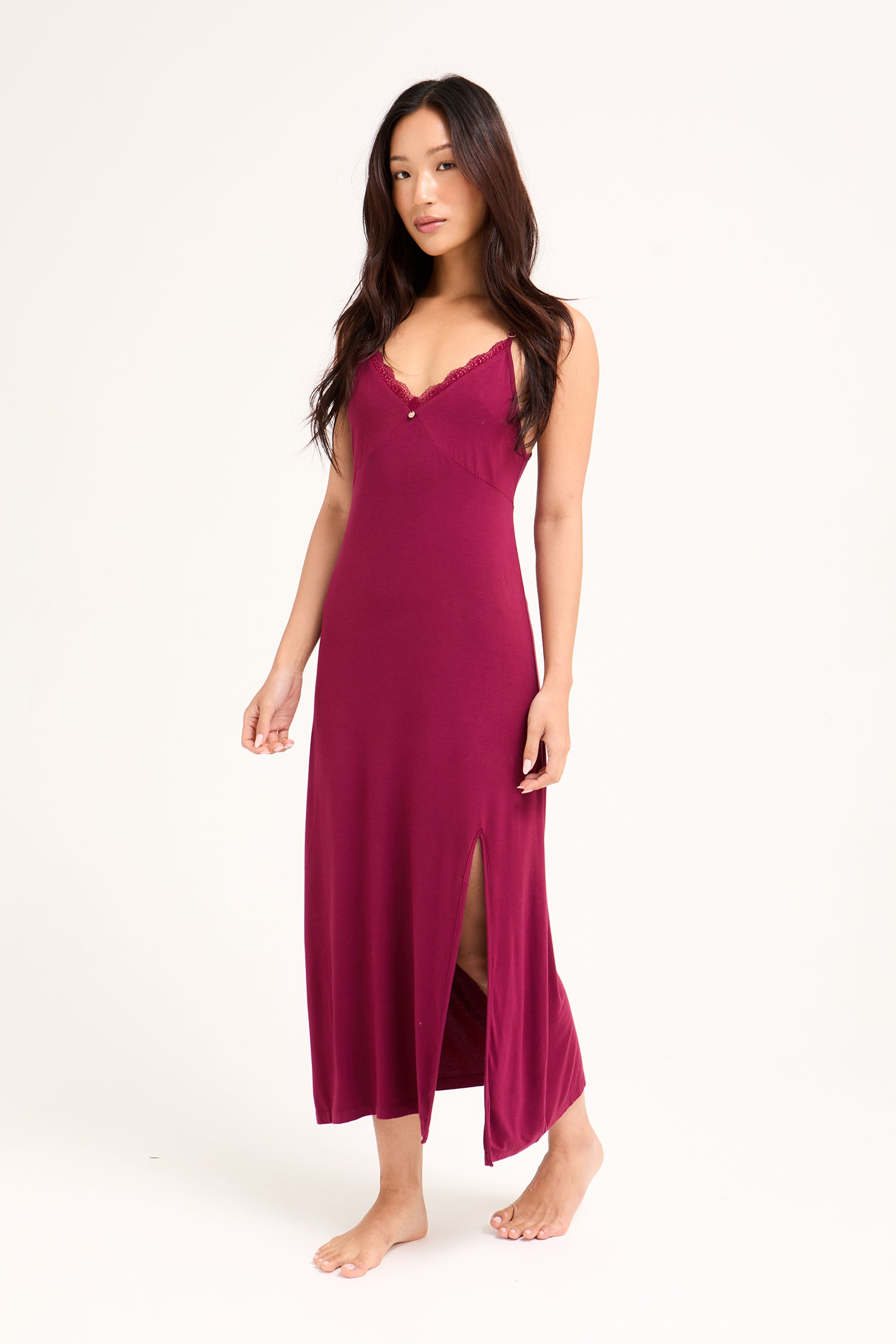 Bamboo Lace Midaxi Chemise in Bordeaux