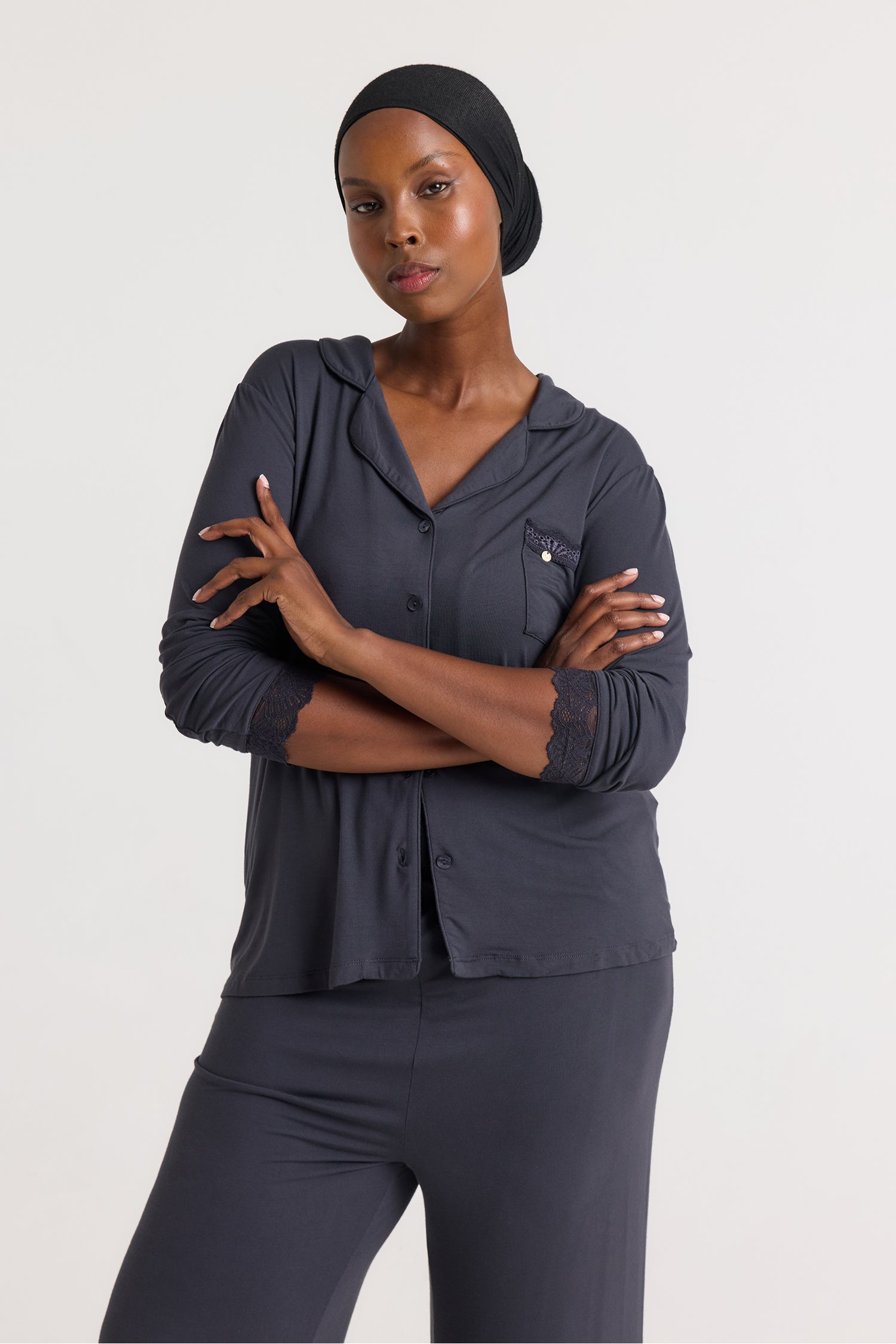 Bamboo Lace Long Pyjama Set in Raven - Wholesale - Pajamas