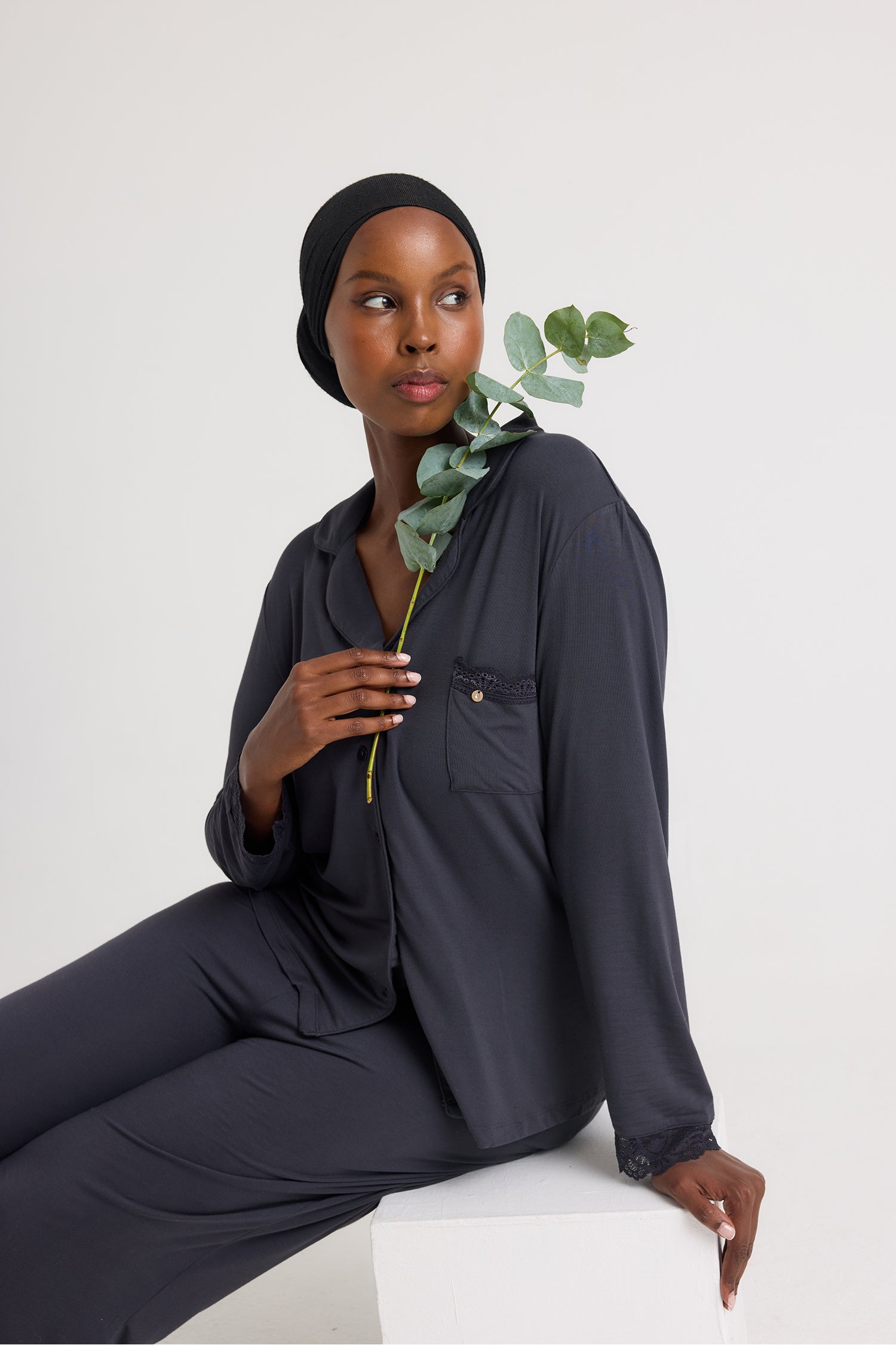 Bamboo Lace Long Pyjama Set in Raven - Wholesale - Pajamas