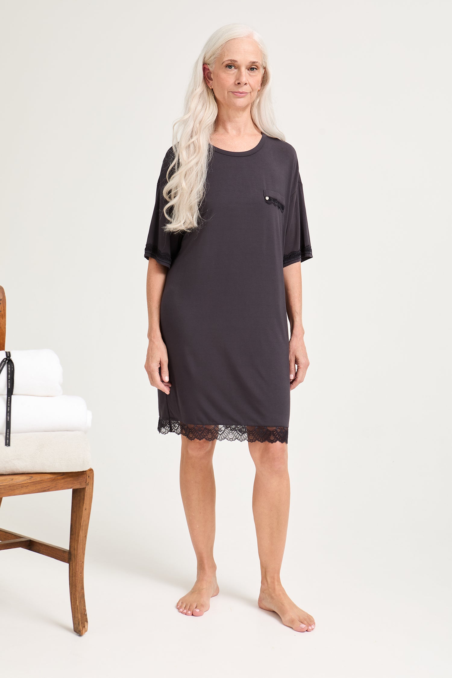 Bamboo Lace Tee Dress in Raven - Nightgowns