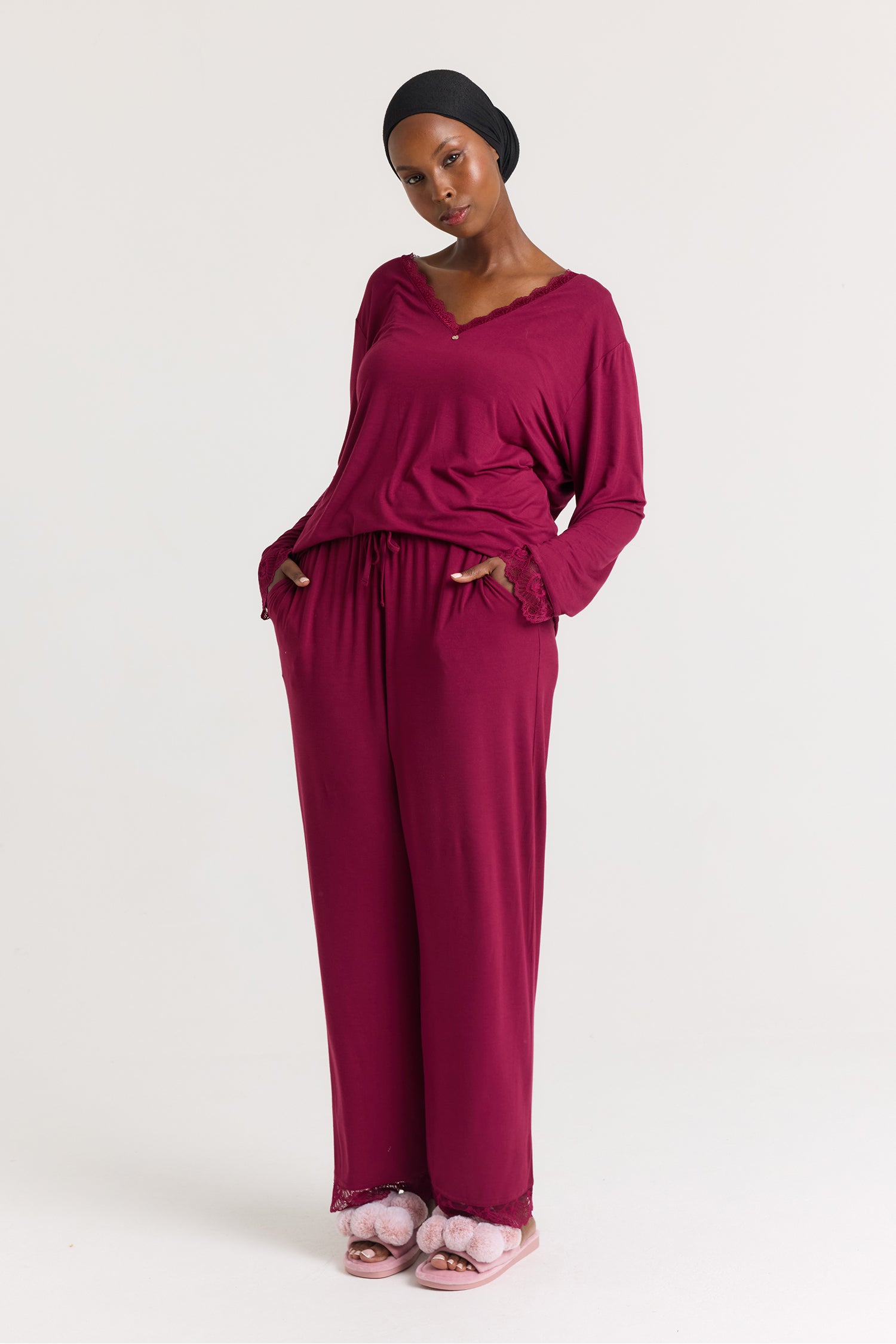 Bamboo Lace V-Neck Pyjama Set in Bordeaux - Pajamas