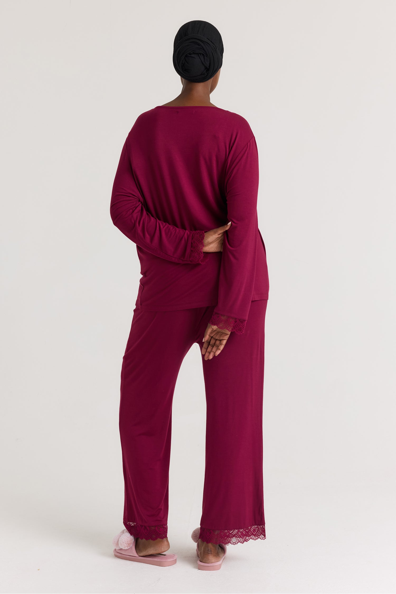 Bamboo Lace V-Neck Pyjama Set in Bordeaux - Pajamas