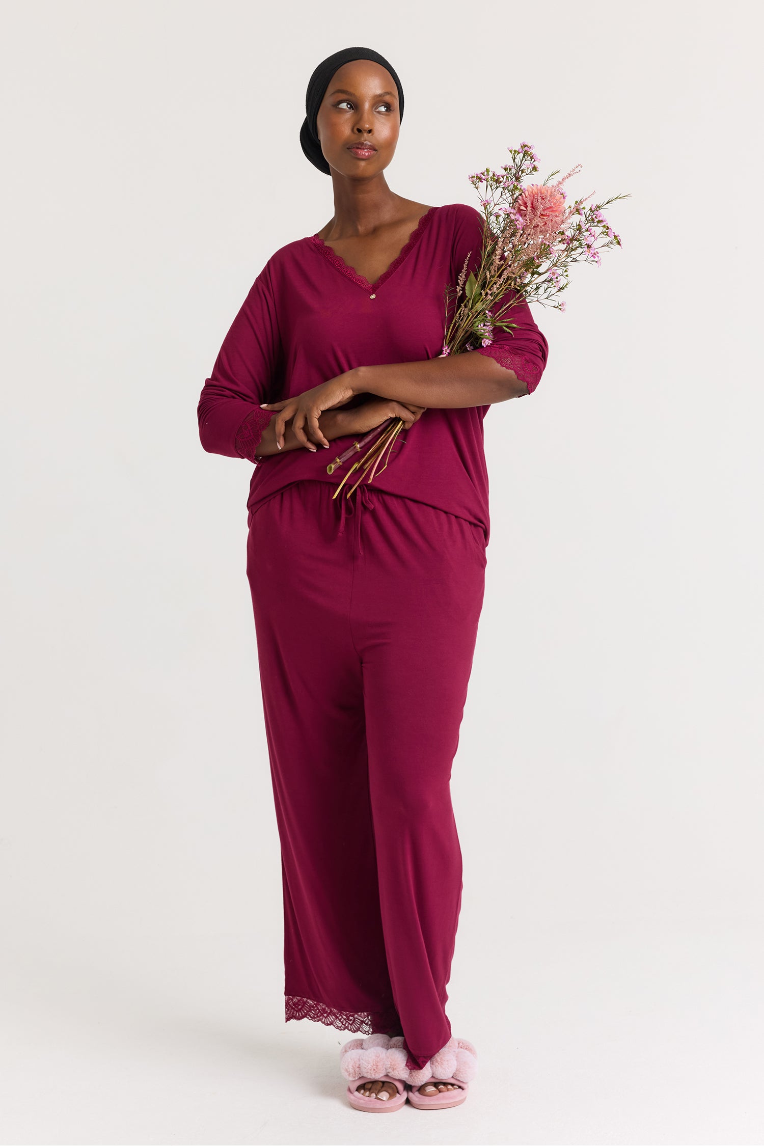 Bamboo Lace V-Neck Pyjama Set in Bordeaux - Pajamas