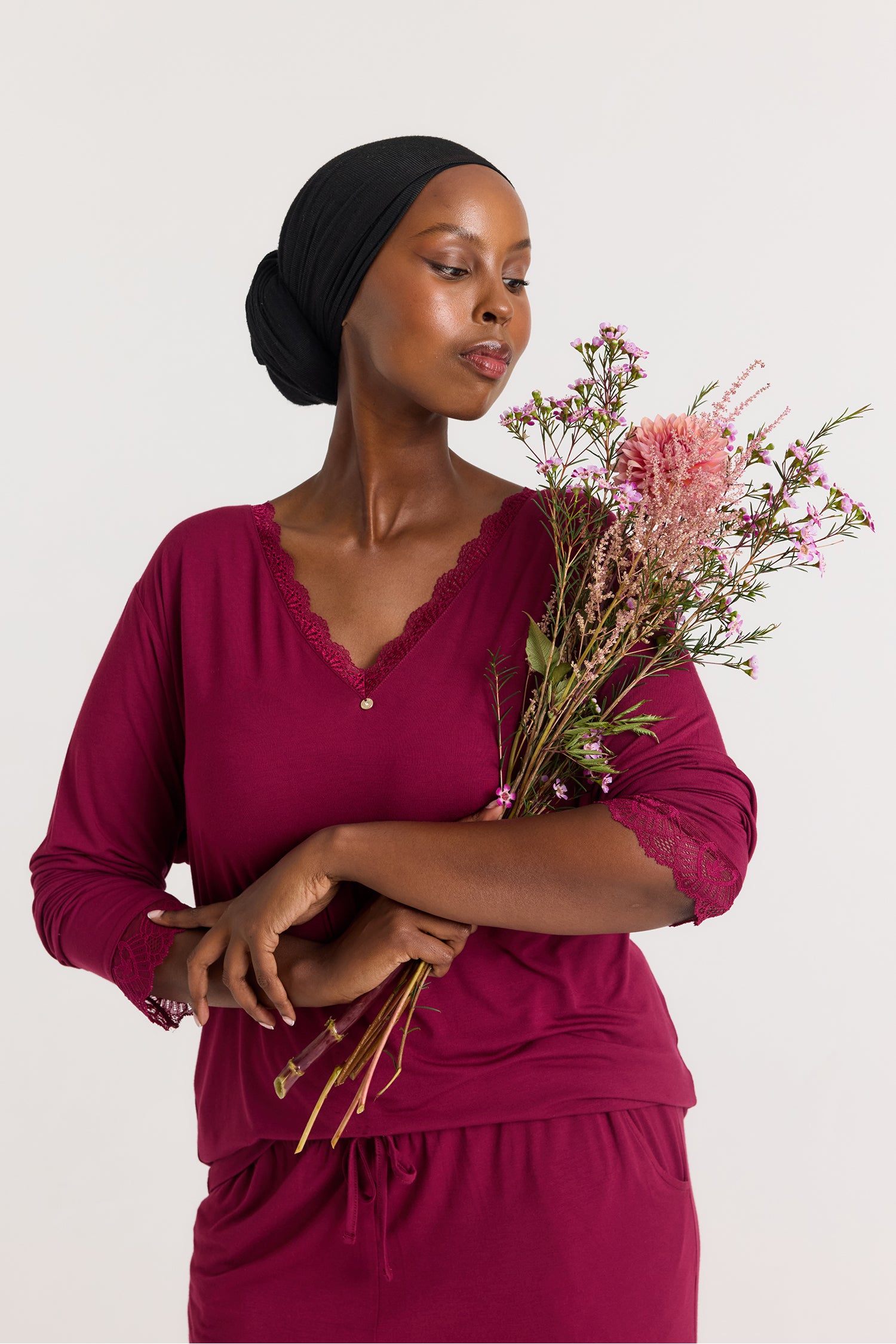 Bamboo Lace V-Neck Pyjama Set in Bordeaux - Pajamas