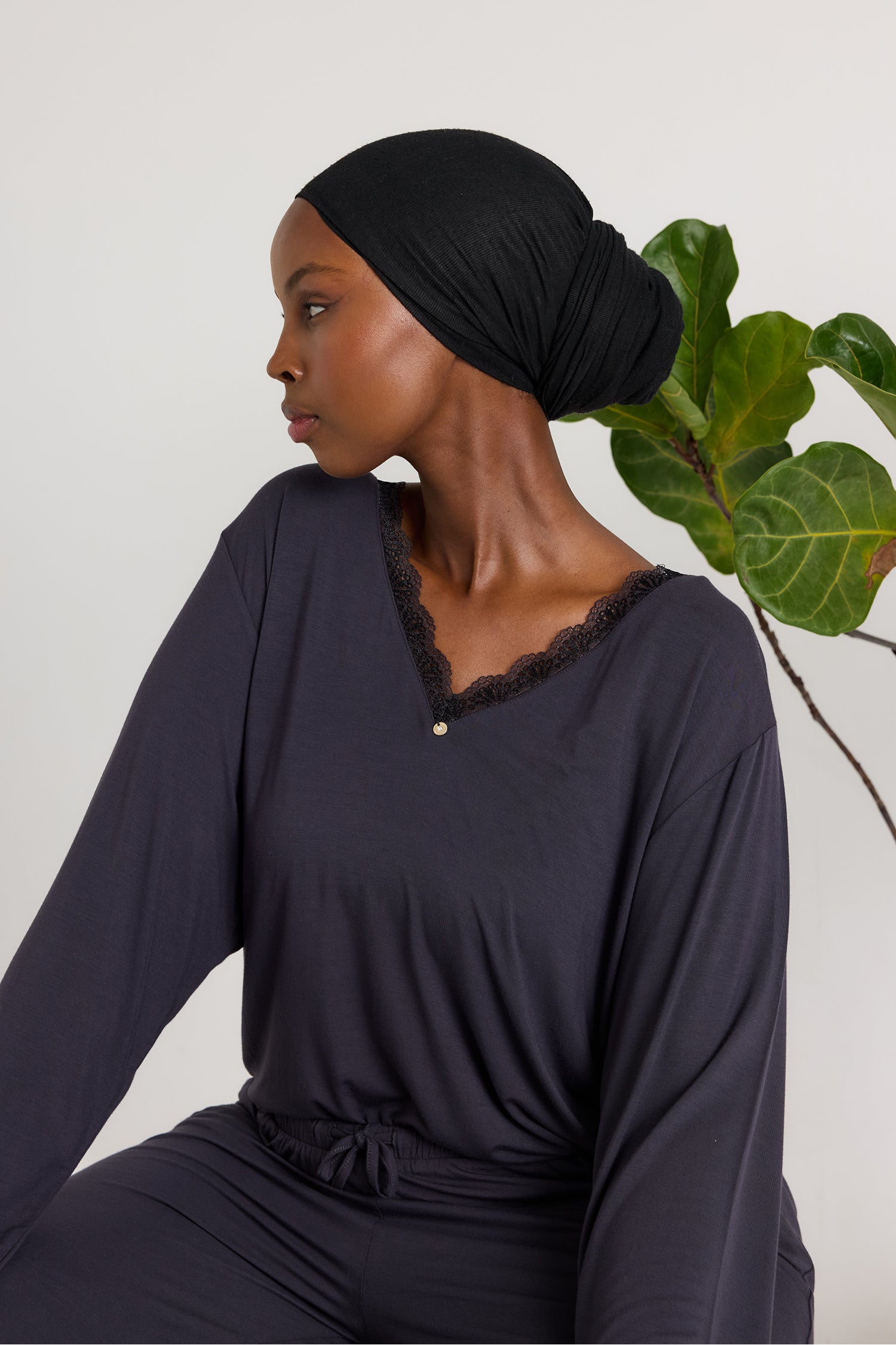 Bamboo Lace V-Neck Pyjama Set in Raven - Pajamas