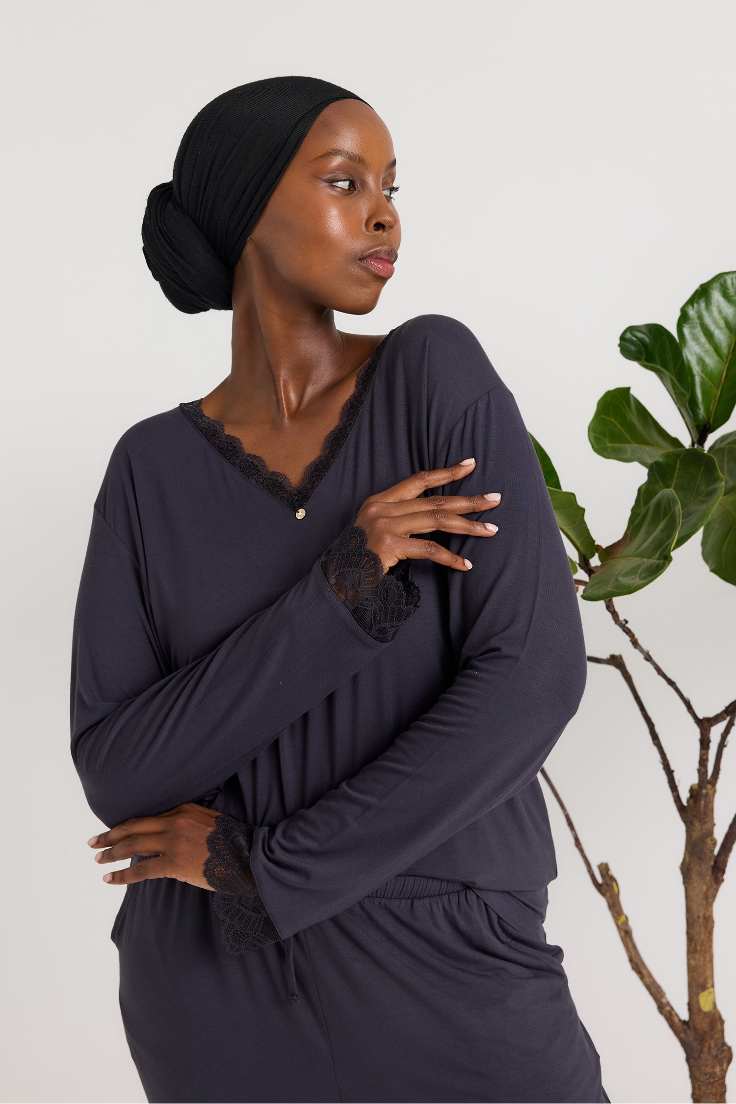 Bamboo Lace V-Neck Pyjama Set in Raven - Pajamas