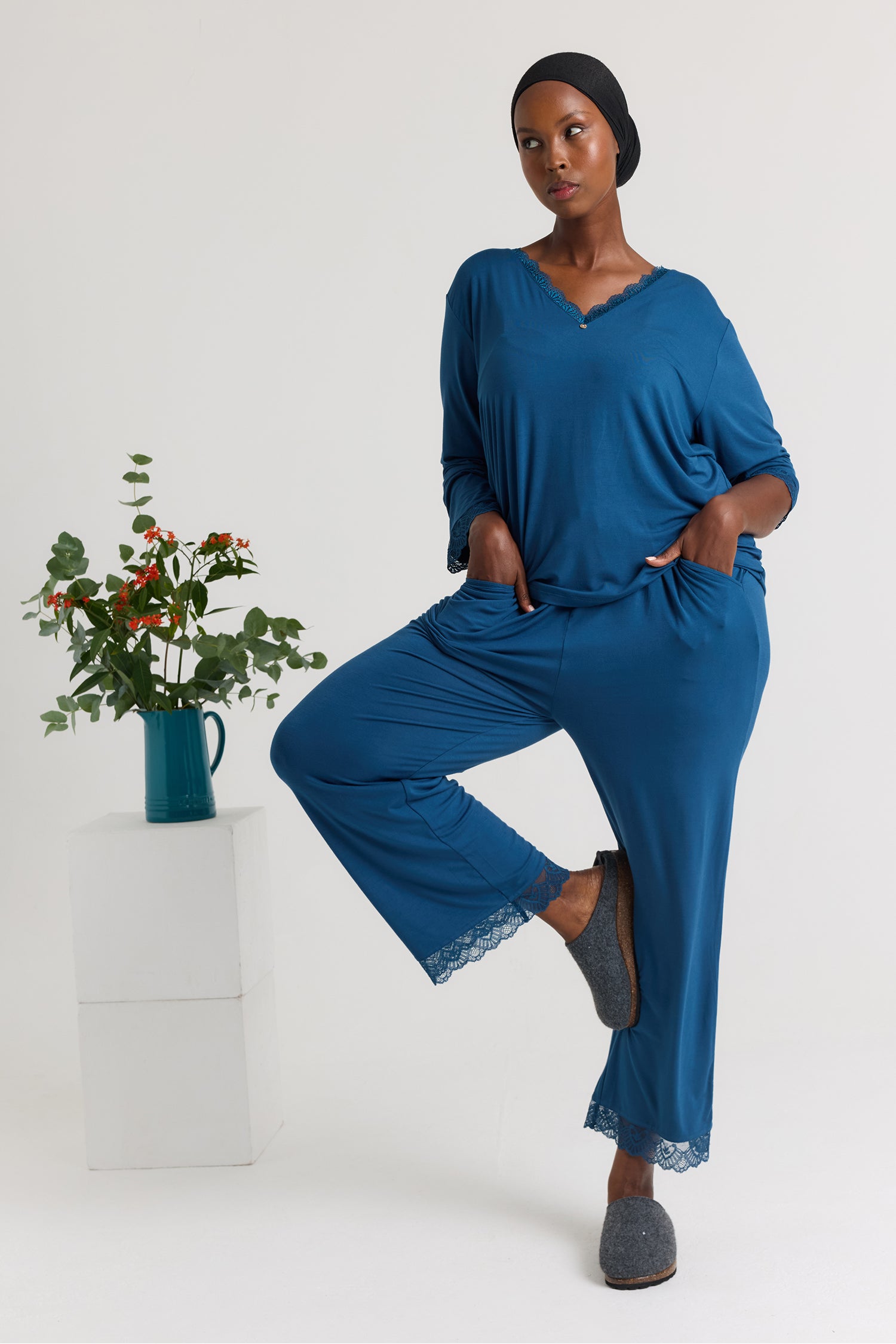 Bamboo Lace V-Neck Pyjama Set in Teal - Pajamas