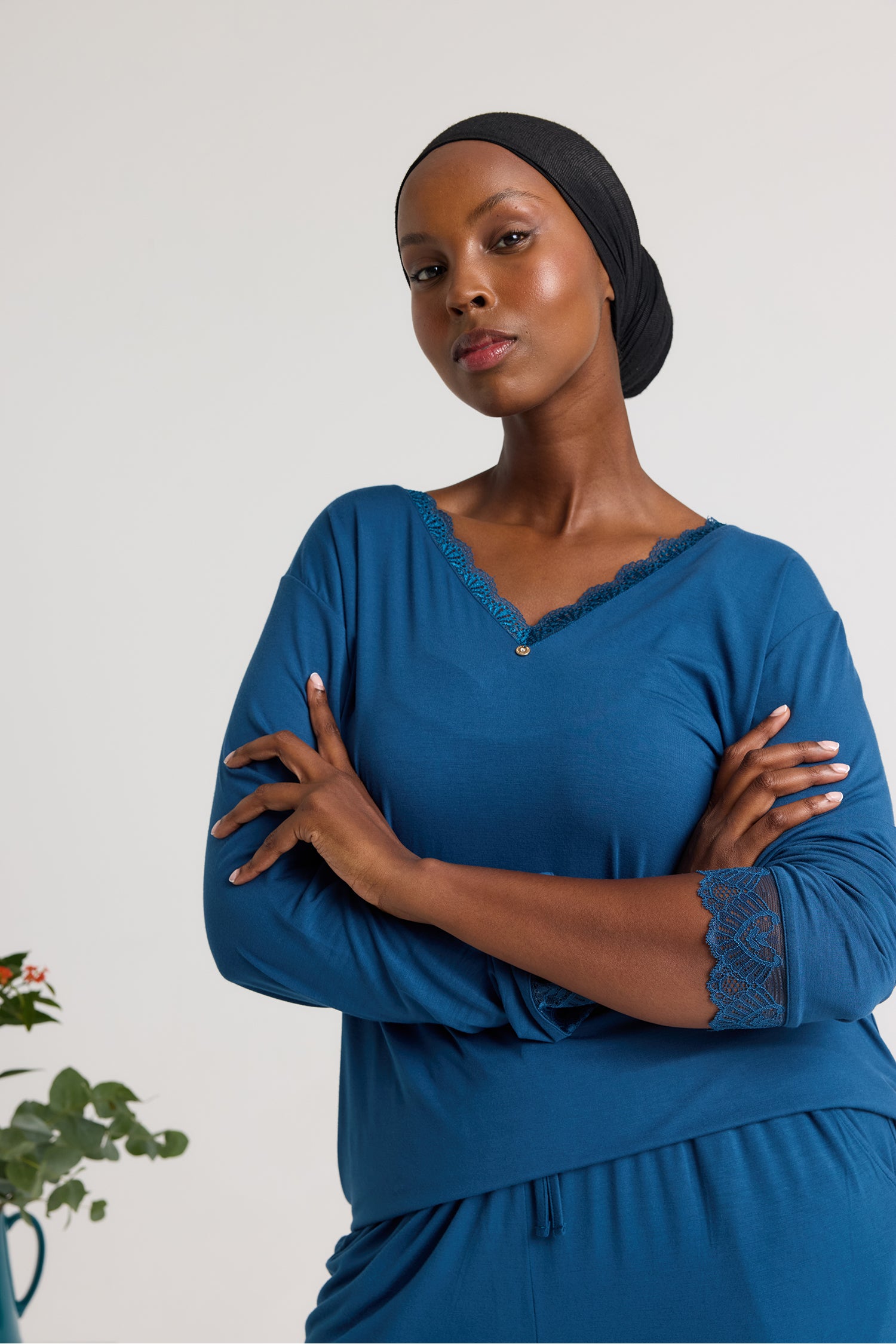 Bamboo Lace V-Neck Pyjama Set in Teal - Pajamas