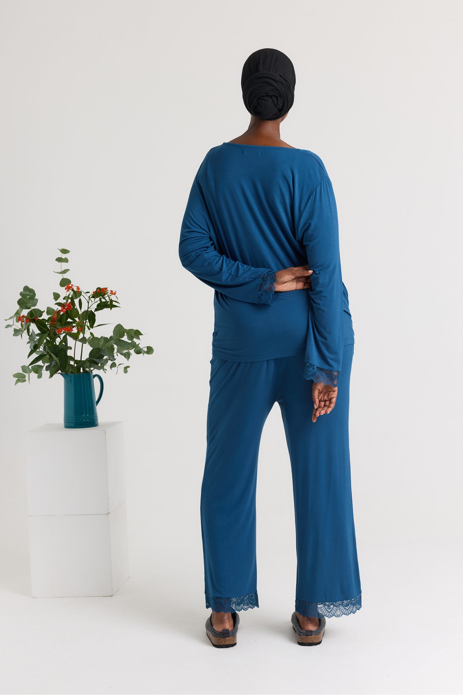 Bamboo Lace V-Neck Pyjama Set in Teal - Pajamas