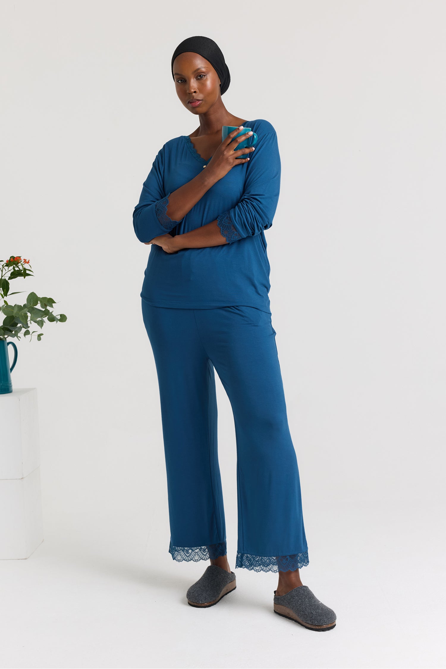 Bamboo Lace V-Neck Pyjama Set in Teal - Pajamas