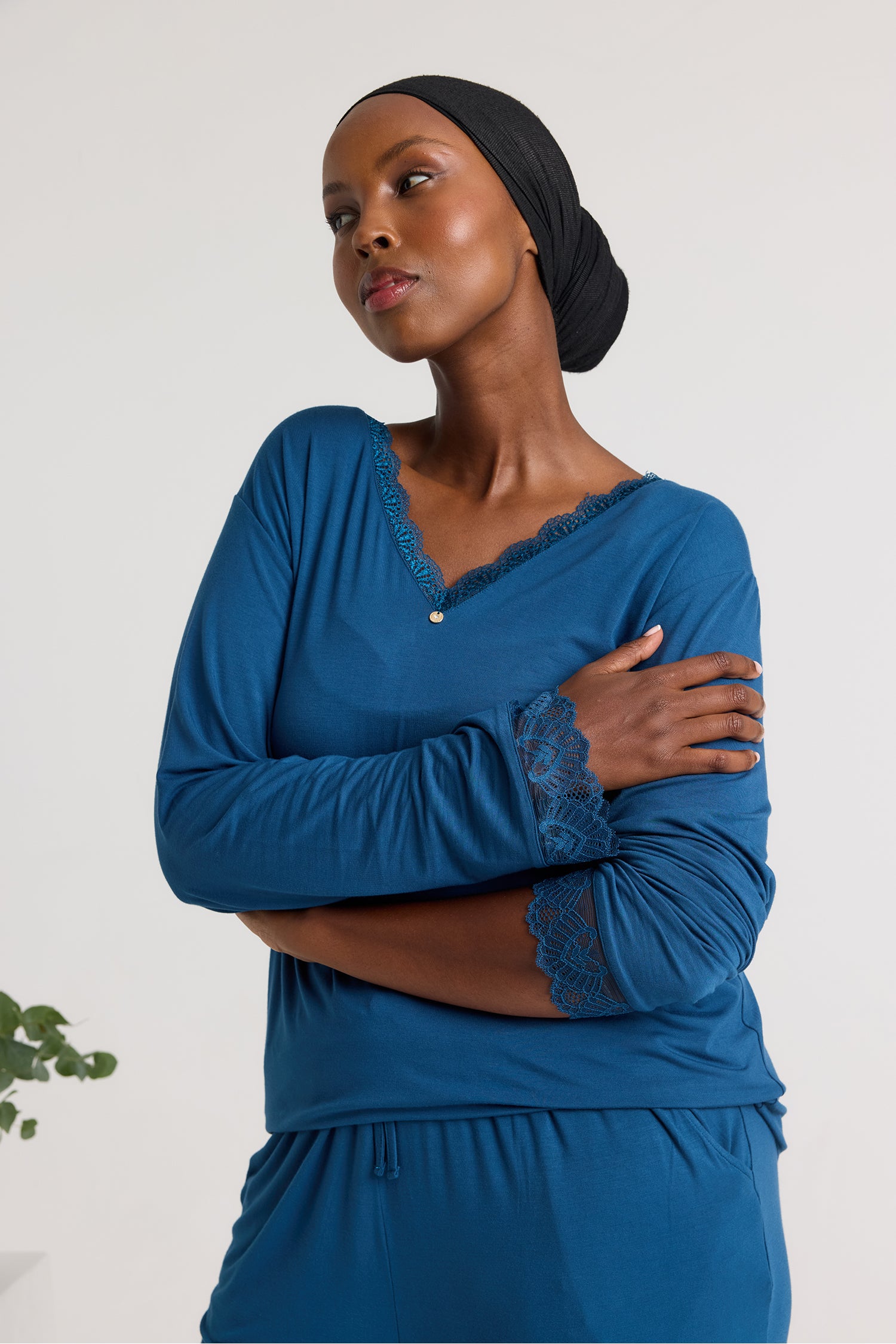 Bamboo Lace V-Neck Pyjama Set in Teal - Pajamas