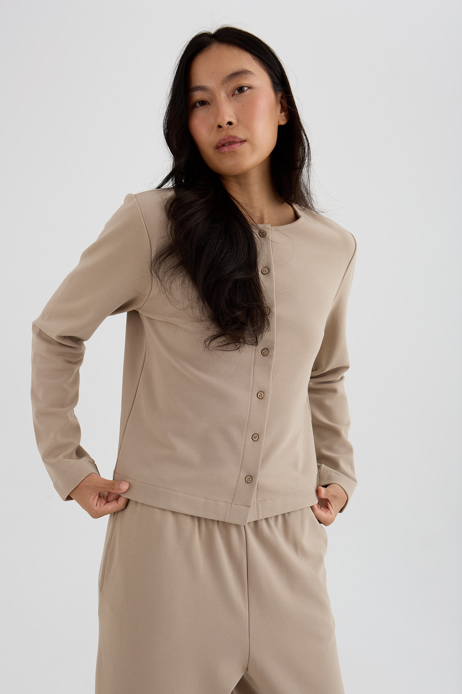 Bamboo Fleece Button Down Top In Silver Mink
