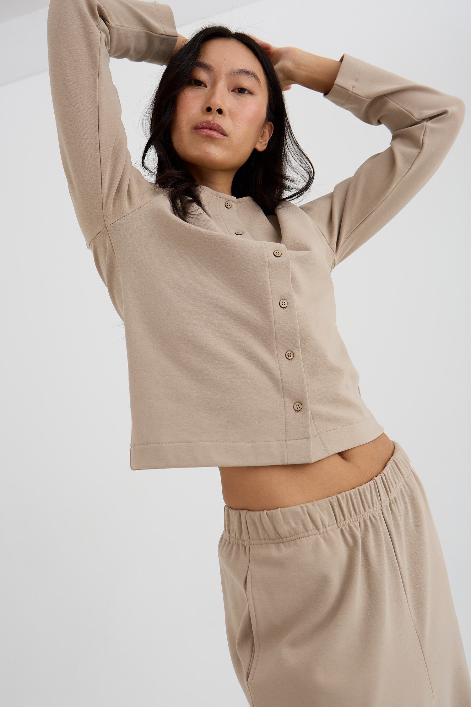 Bamboo Fleece Button Down Top In Silver Mink