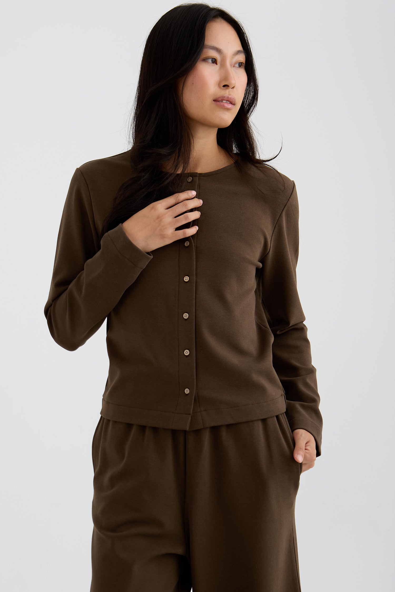 Bamboo Fleece Button Down Top In Slate