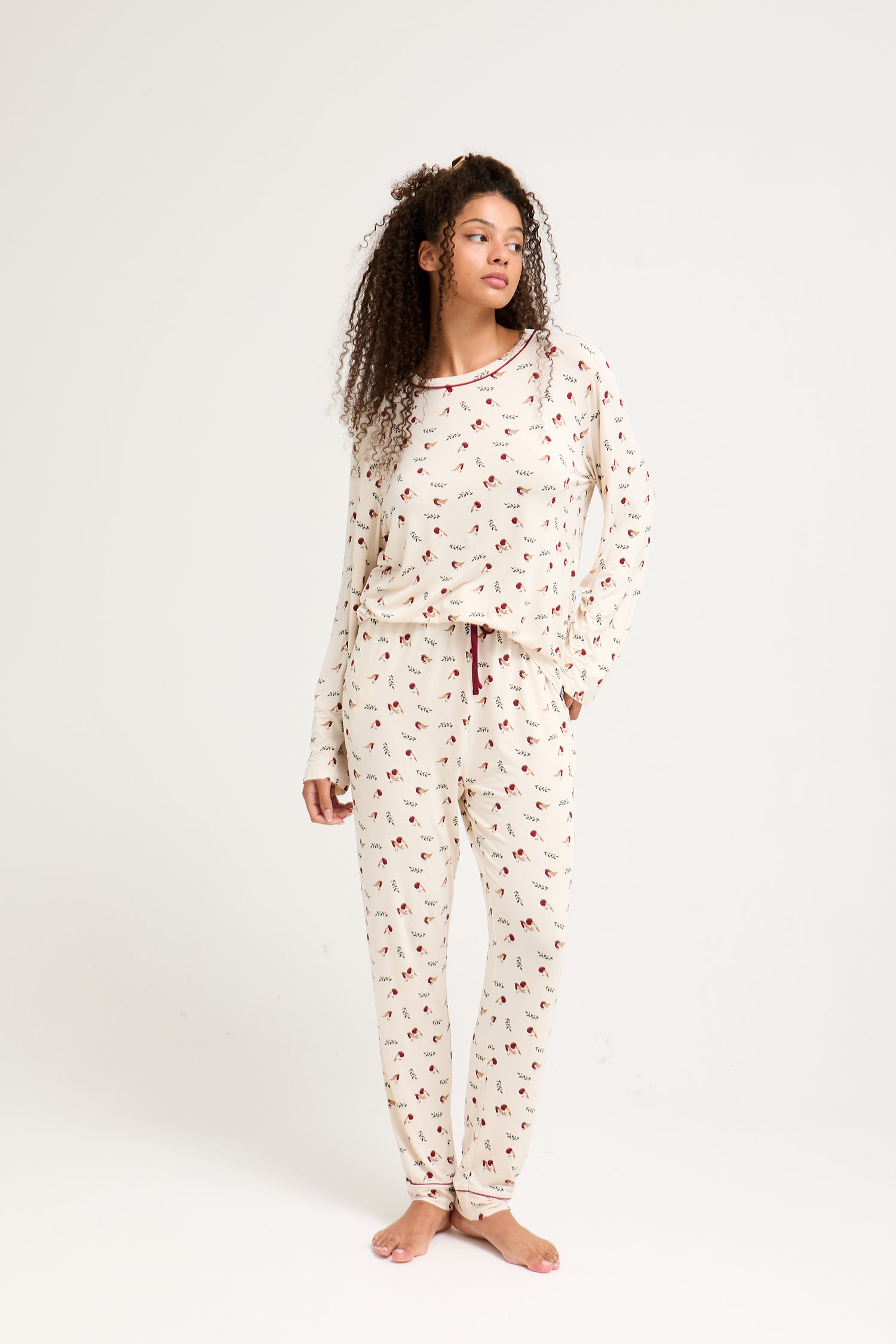 His and Hers Bamboo Festive Pyjama Set in Robin Print