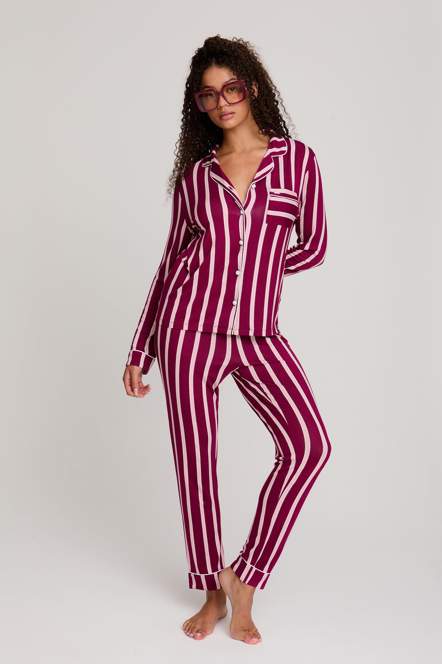 Bamboo Long Pyjama Set in Bordeaux Stripe