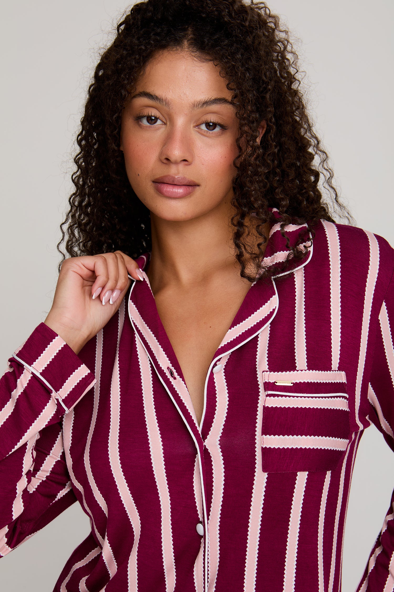 Bamboo Long Pyjama Set in Bordeaux Stripe