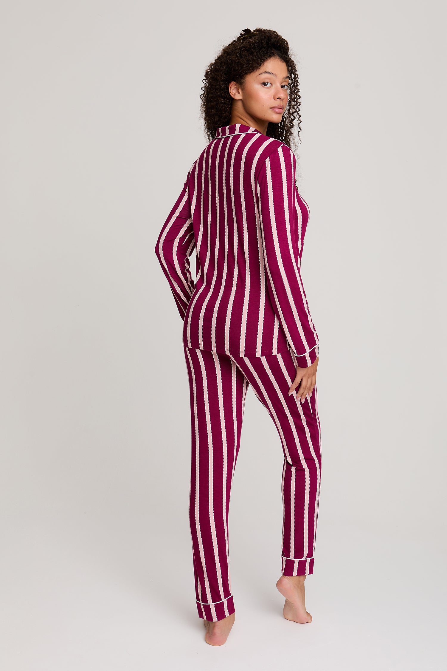 Bamboo Long Pyjama Set in Bordeaux Stripe - Wholesale - Pajamas