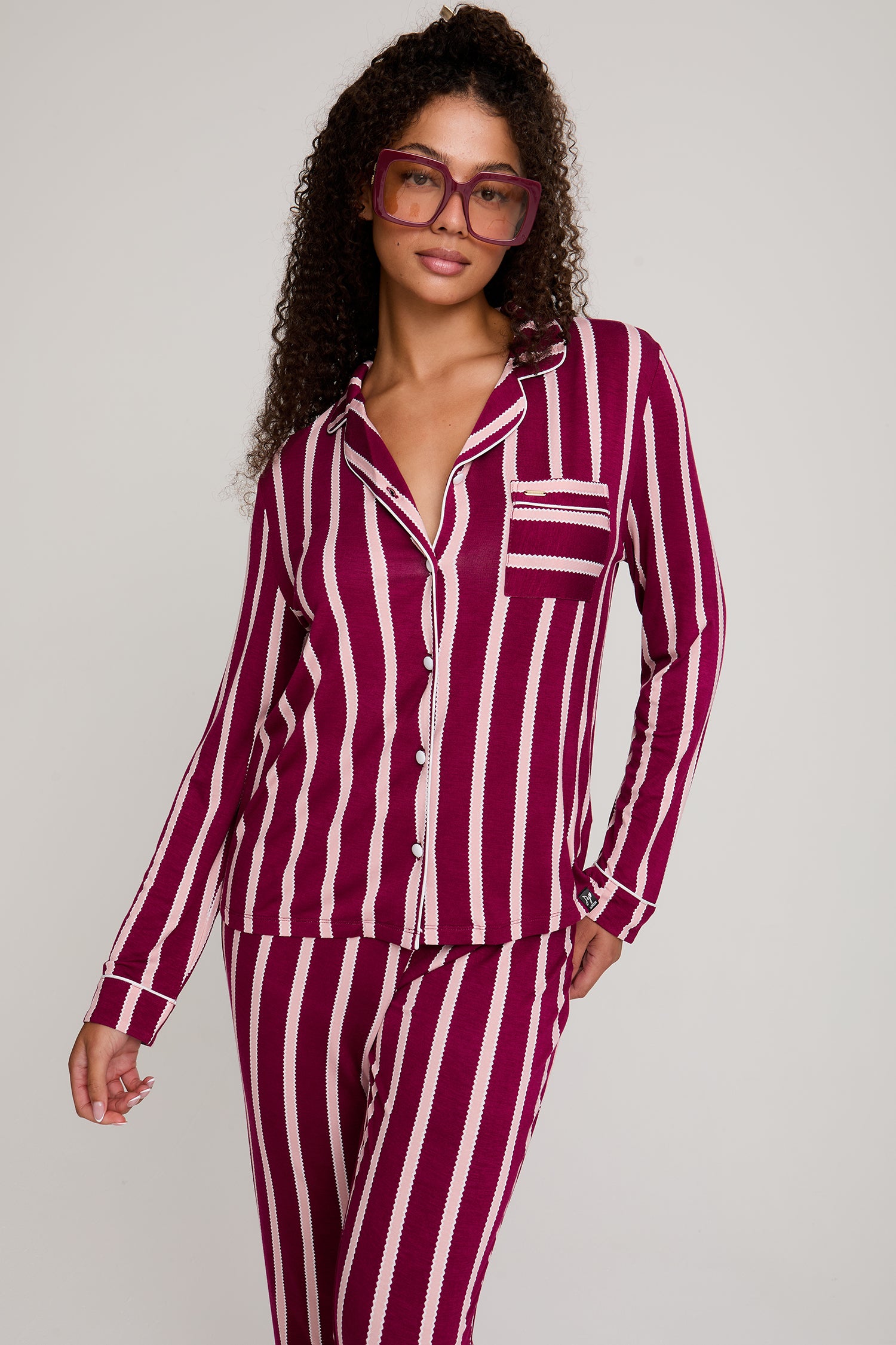Bamboo Long Pyjama Set in Bordeaux Stripe - Wholesale - Pajamas