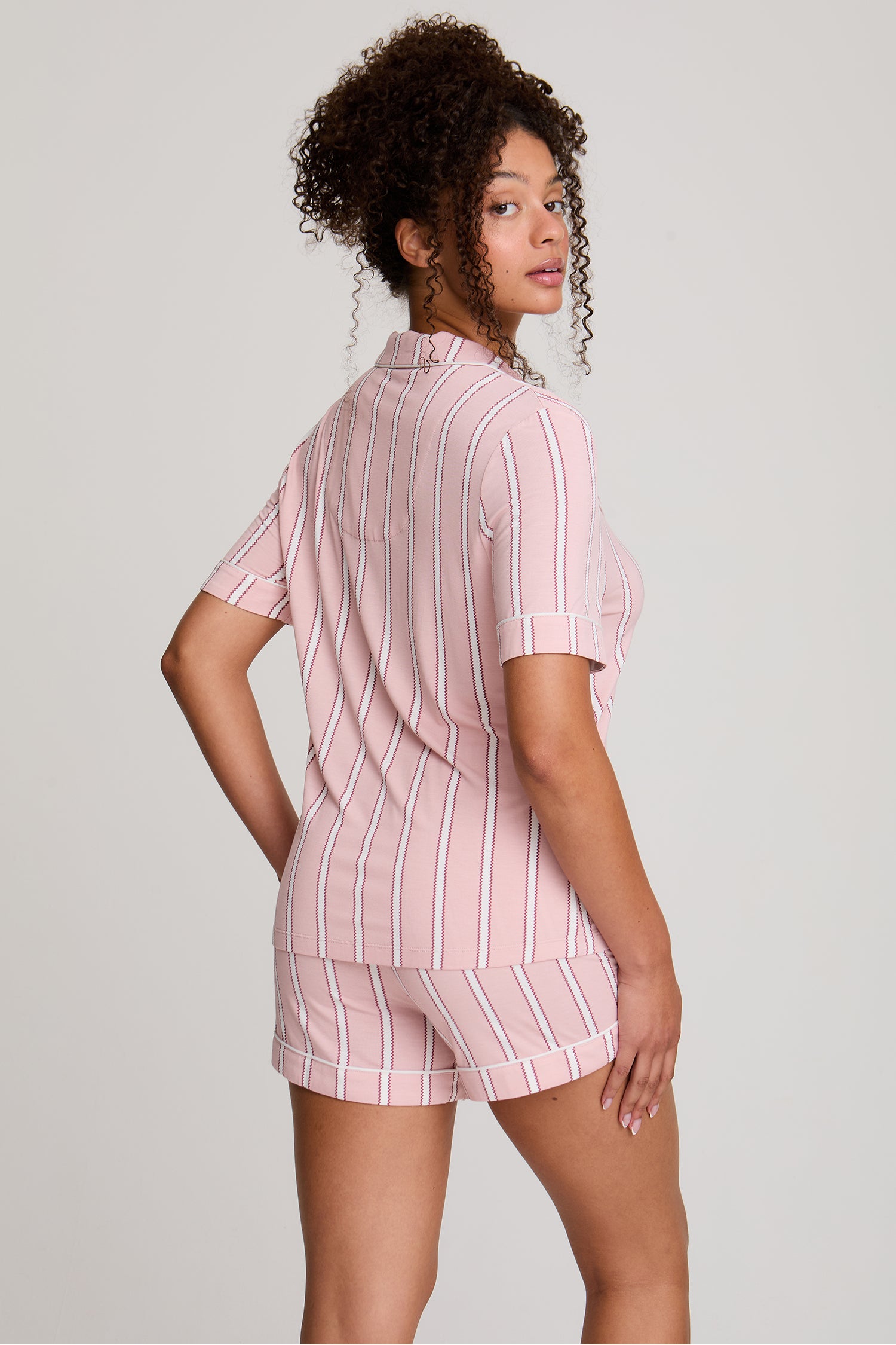 Bamboo Shirt Short Set in Blush Stripe
