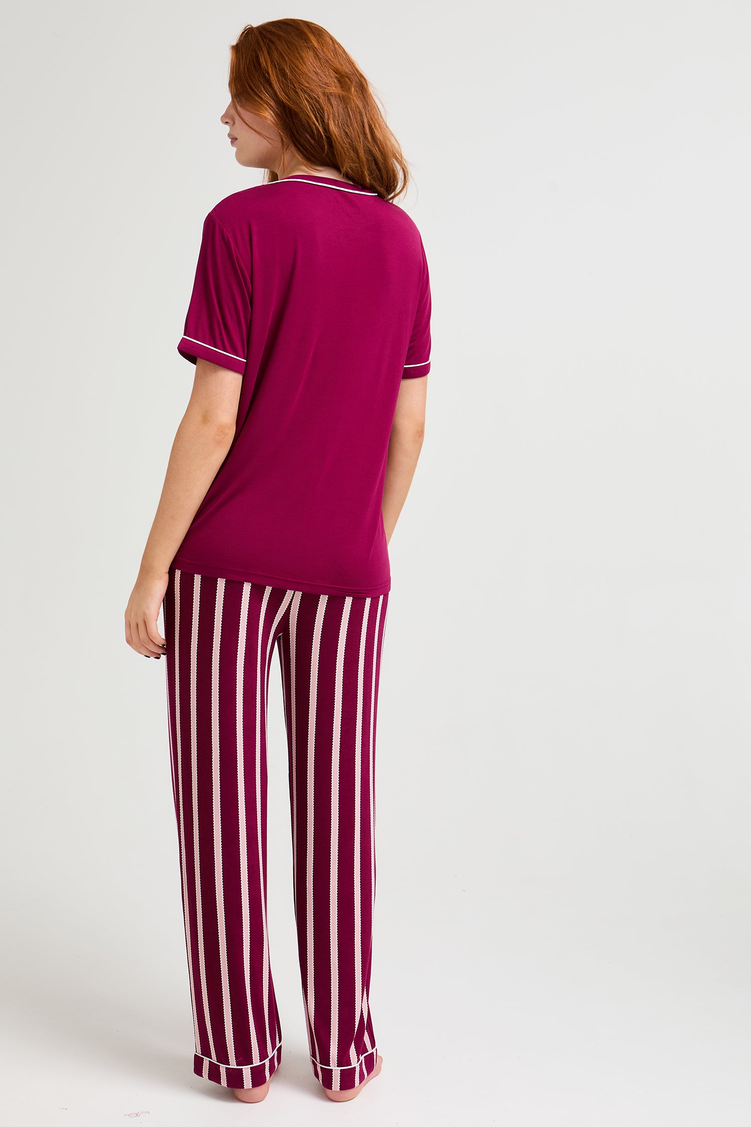 Bamboo Tee and Trouser Set in Bordeaux Stripe - Pajamas