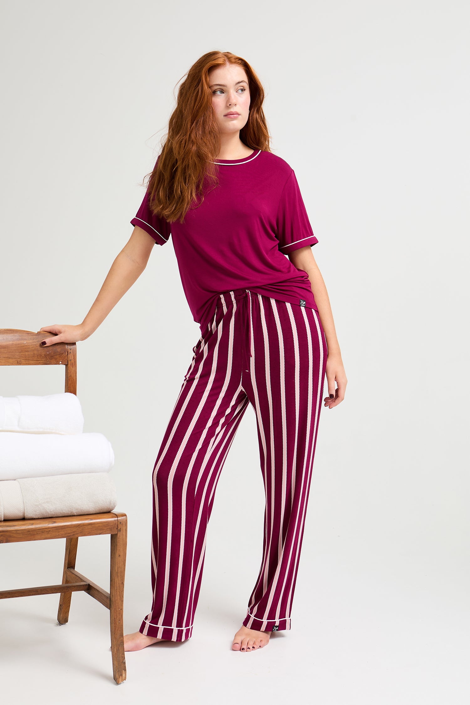Bamboo Tee and Trouser Set in Bordeaux Stripe - Pajamas