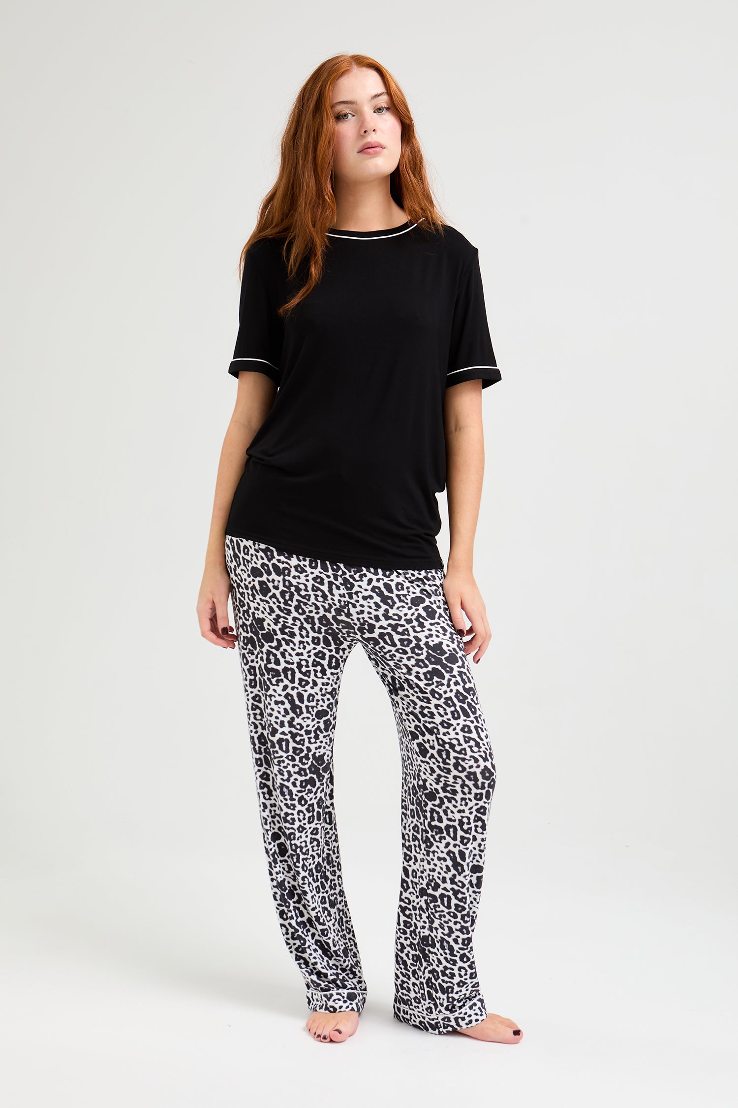 Bamboo Tee and Trouser Set in Black / Luxe Leopard - Pajamas