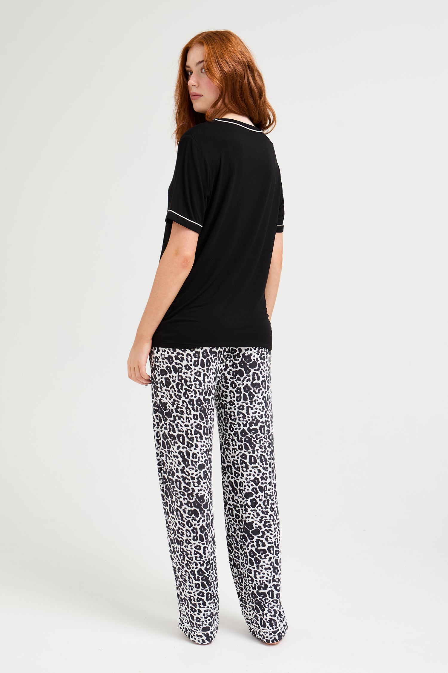 Bamboo Tee and Trouser Set in Black / Luxe Leopard - Pajamas