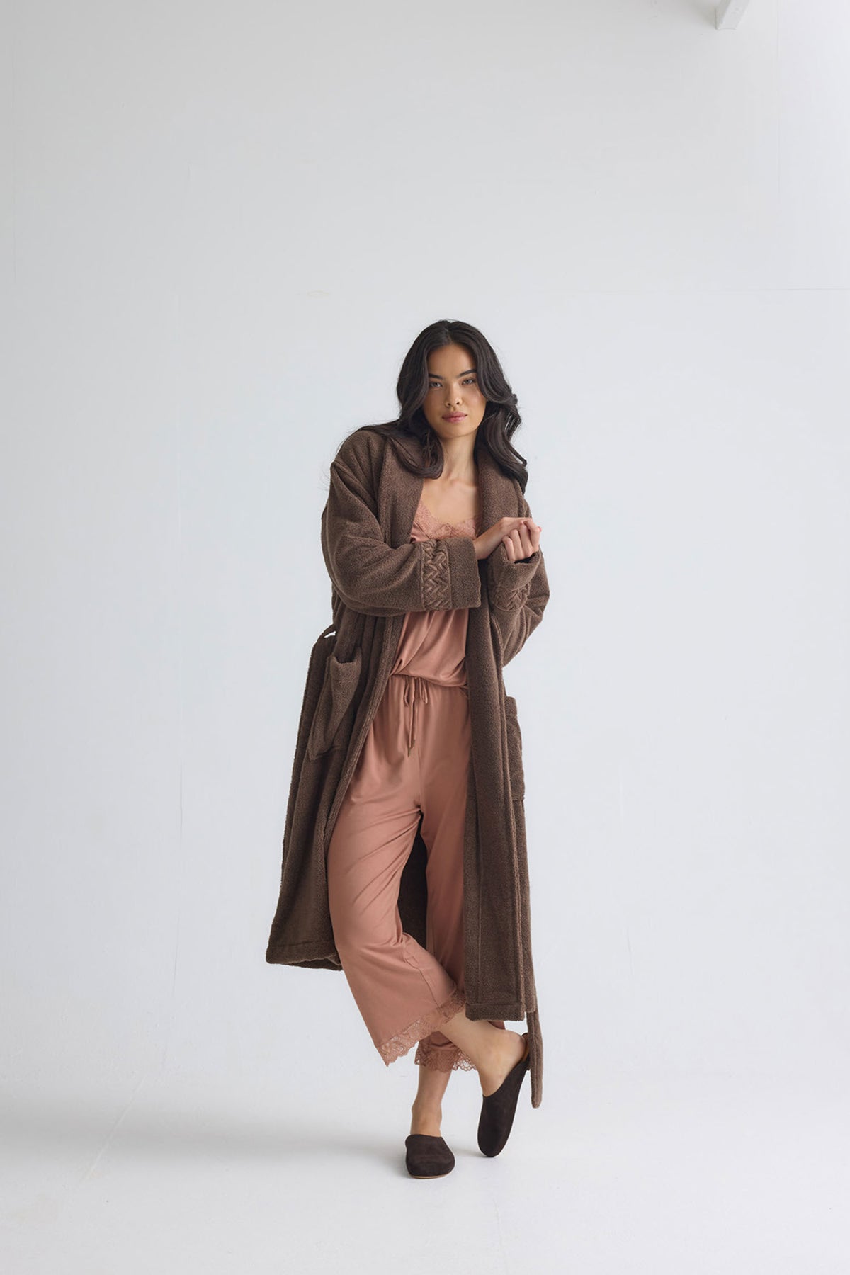 Bamboo Towelling Robe In Mocha