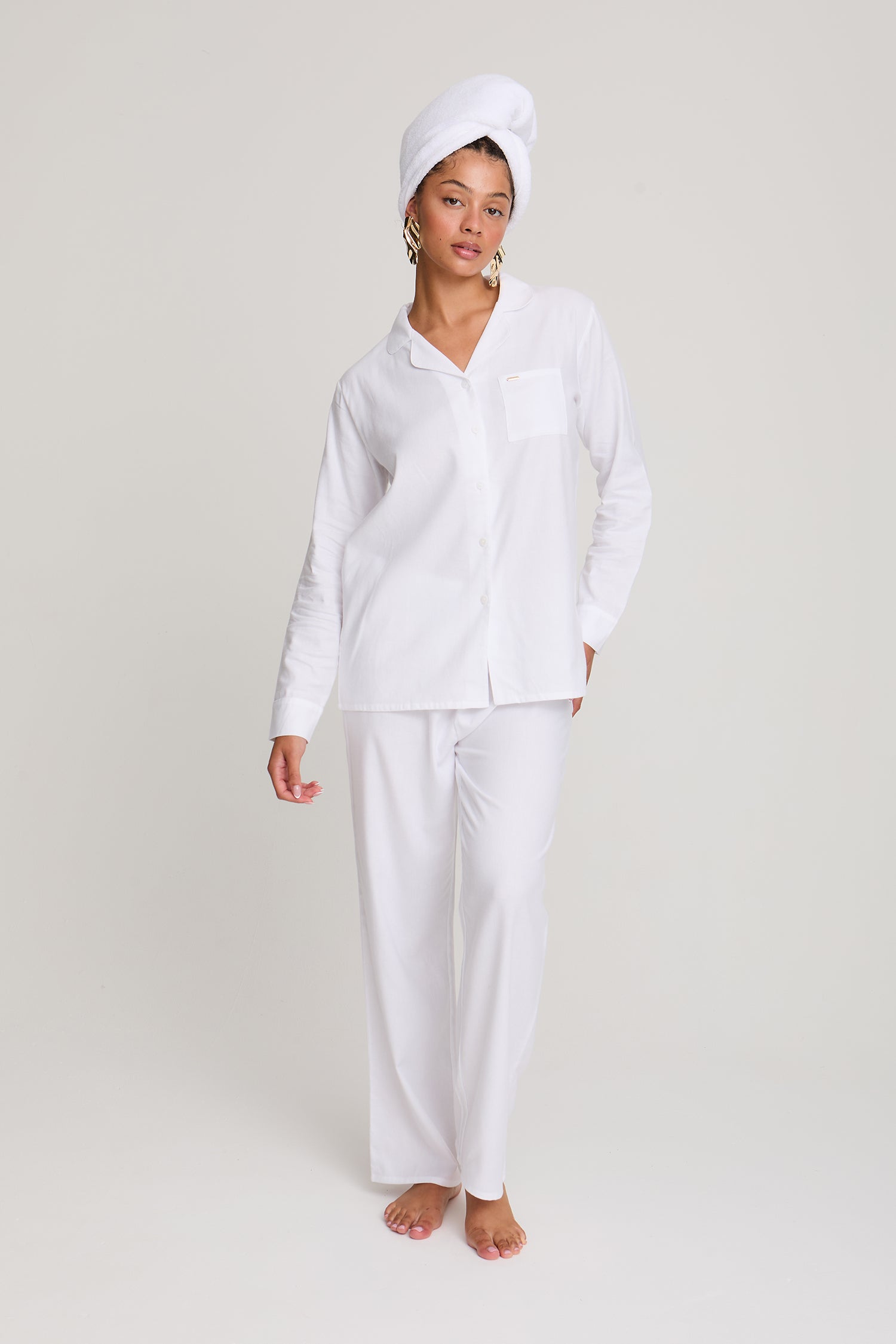Cotton Modal Long Pyjama Set in White - Pajamas