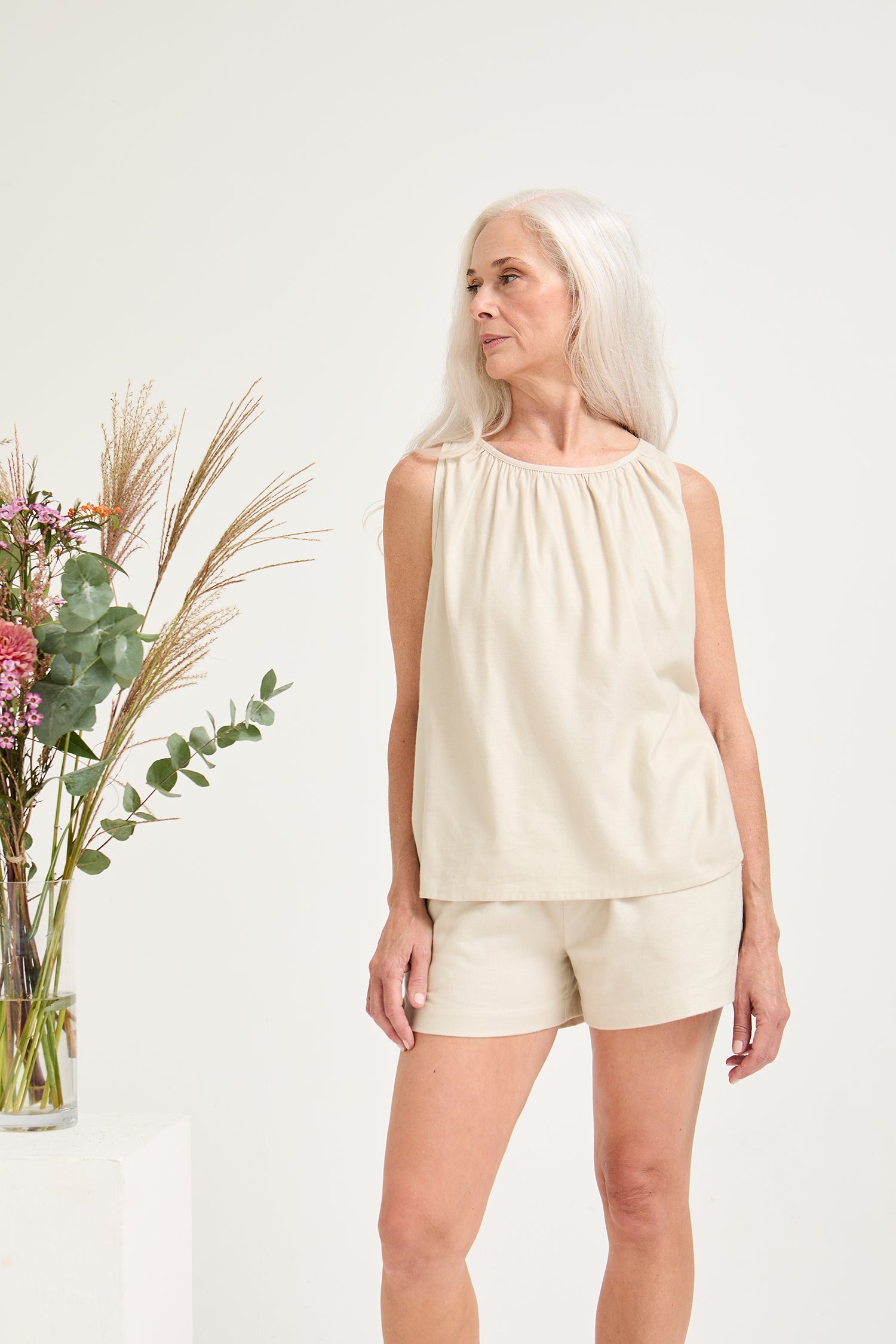 Cotton Modal Vest Short Set in Natural