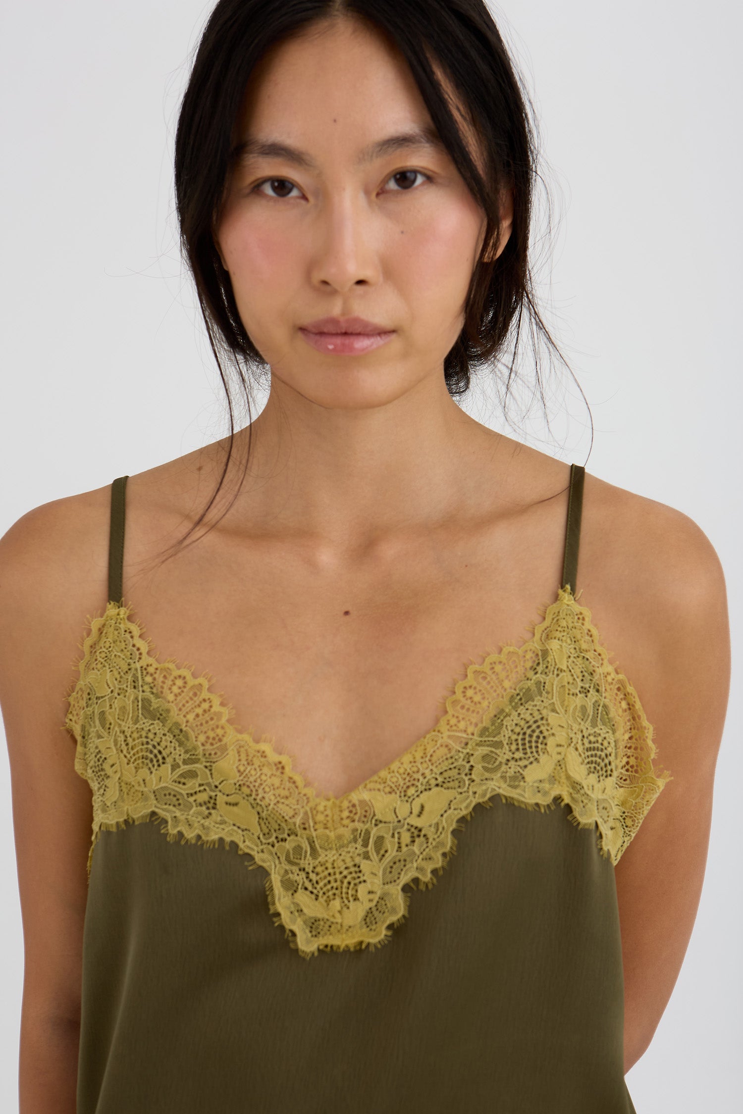 Eco Satin Lace Cami In Olive