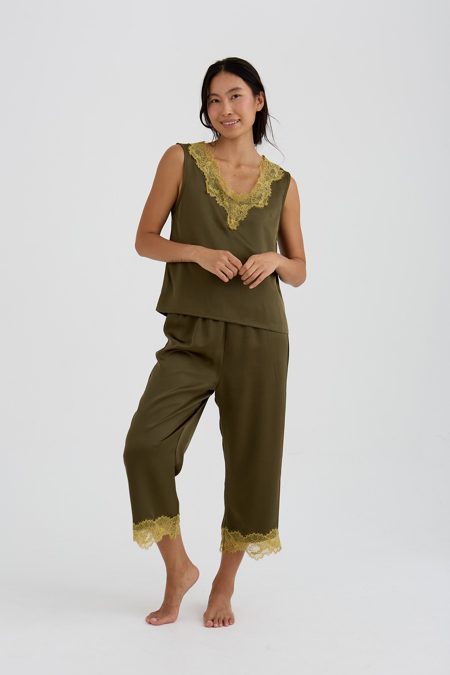 Eco Satin Lace Capri Trousers In Olive