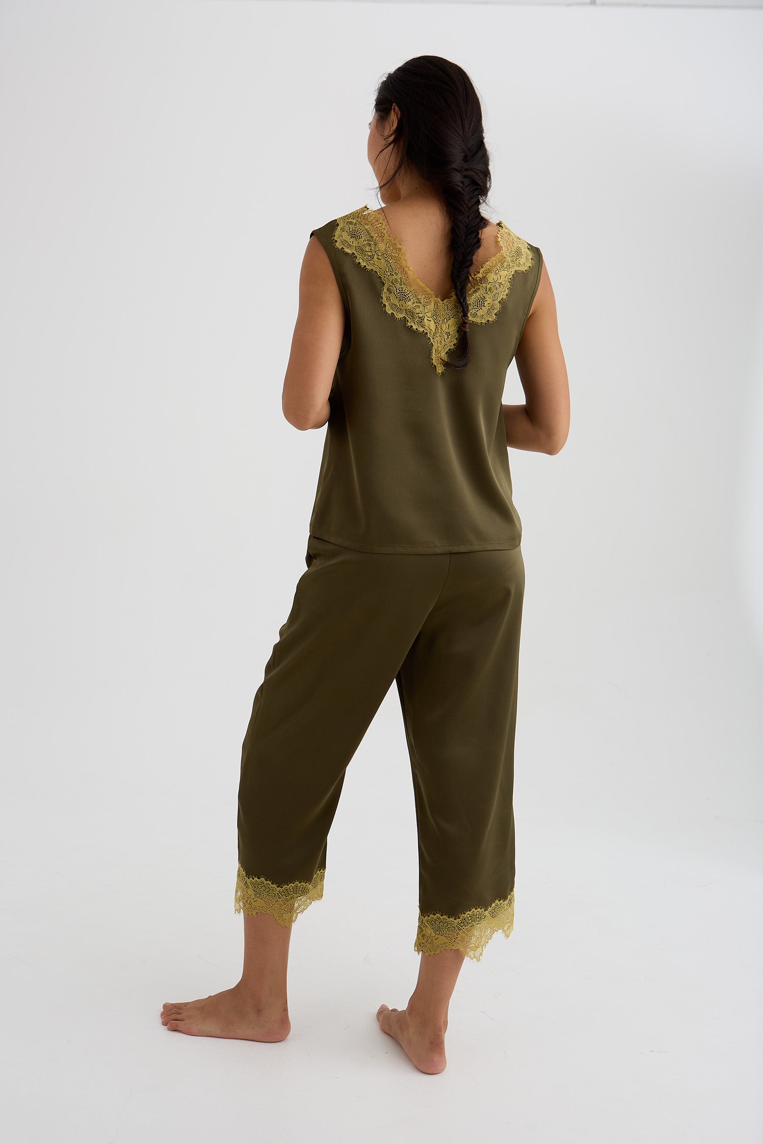 Eco Satin Lace Capri Trousers In Olive