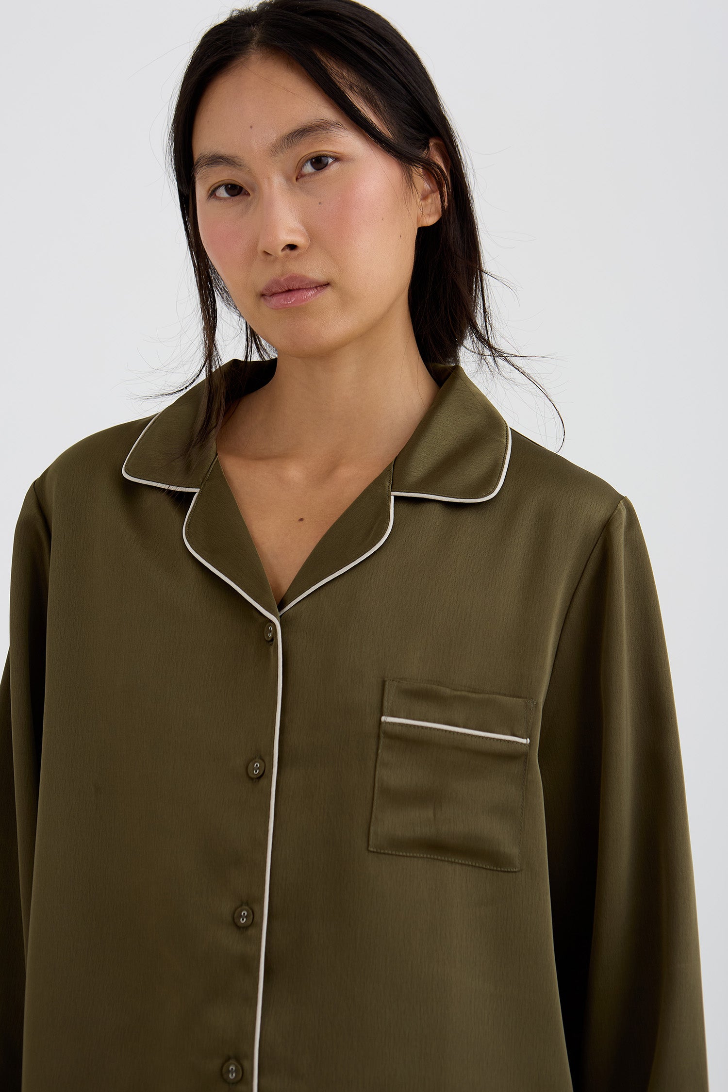 Eco Satin Long Pyjama Set In Olive