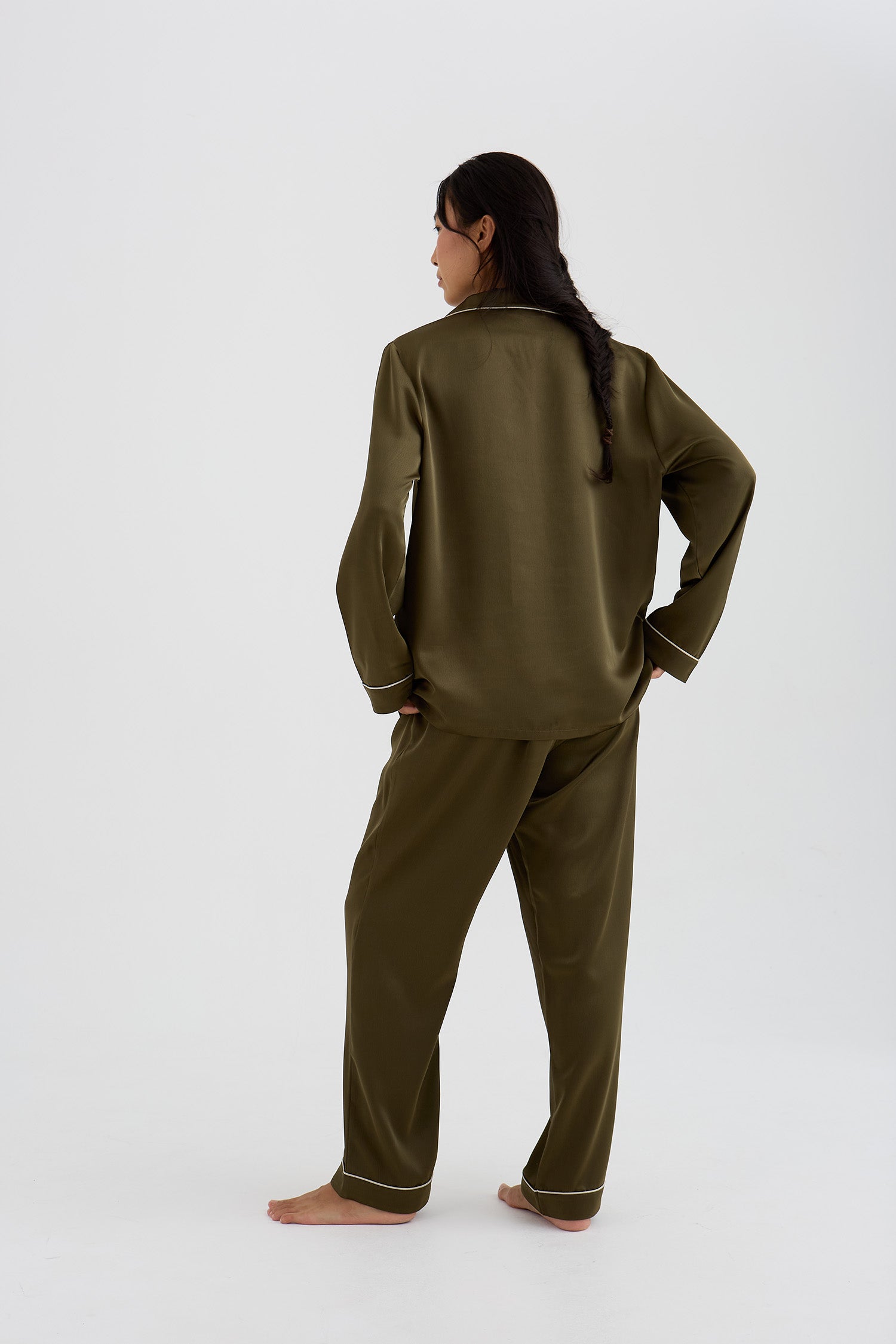 Eco Satin Long Pyjama Set In Olive