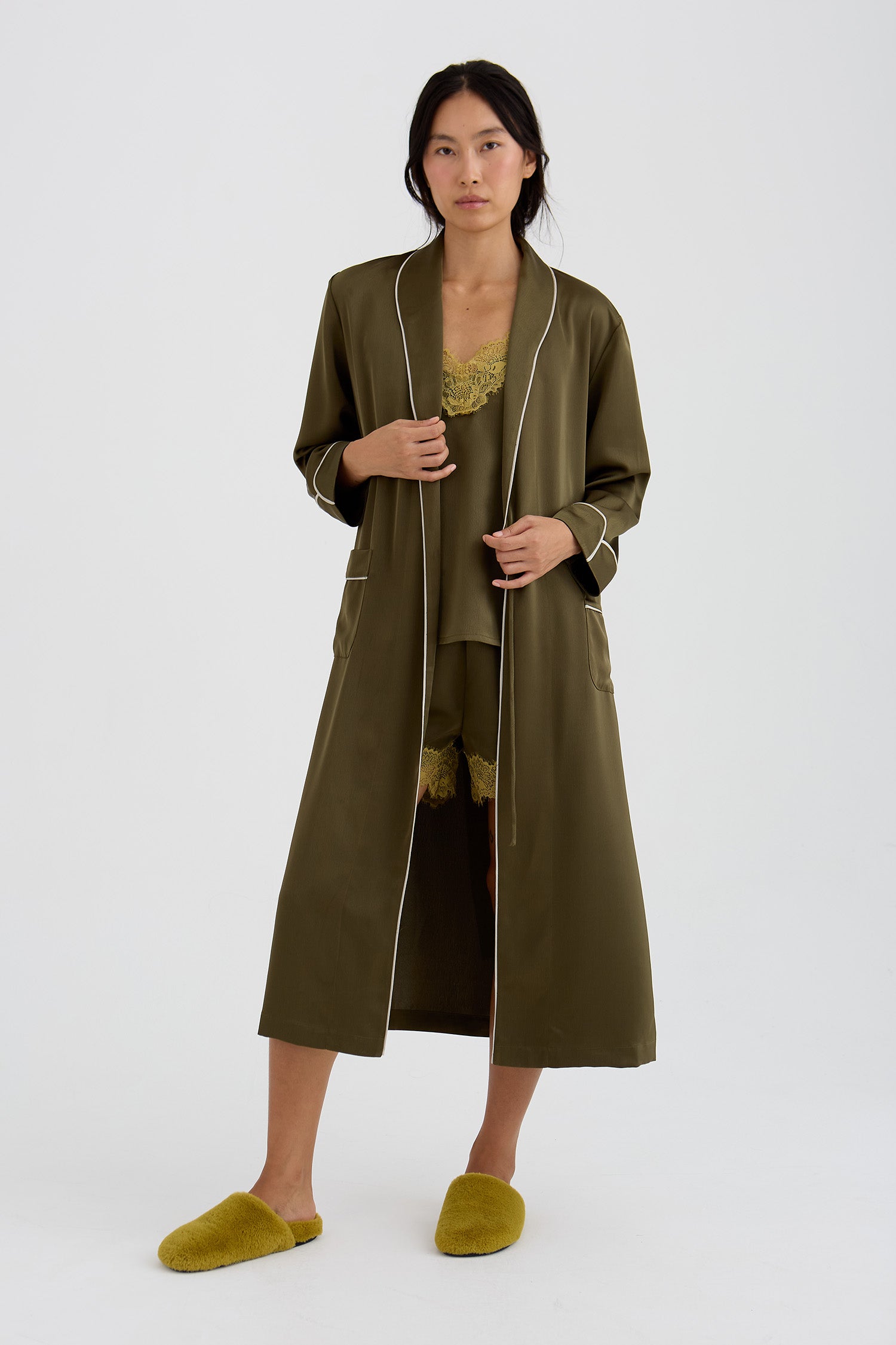 Eco Satin Robe In Olive