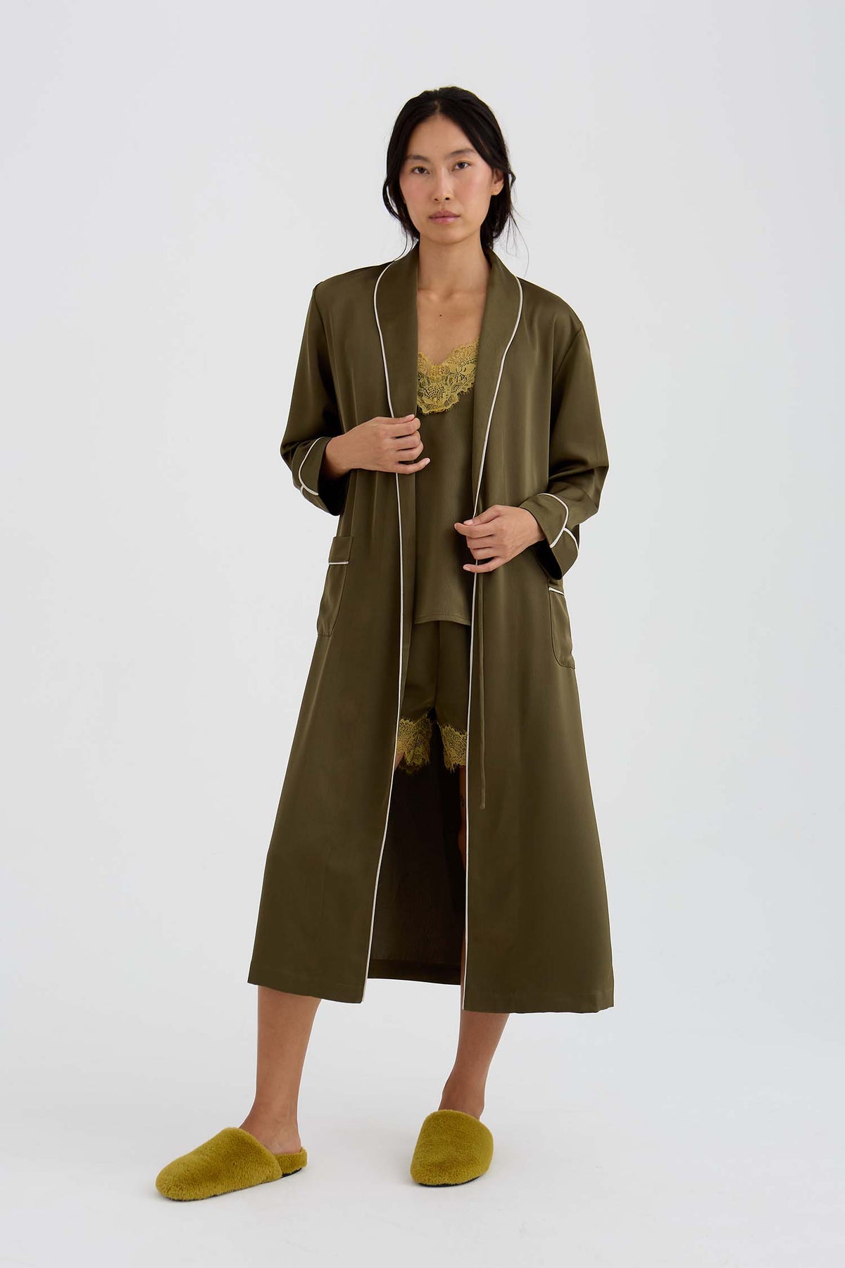 Eco Satin Robe In Olive
