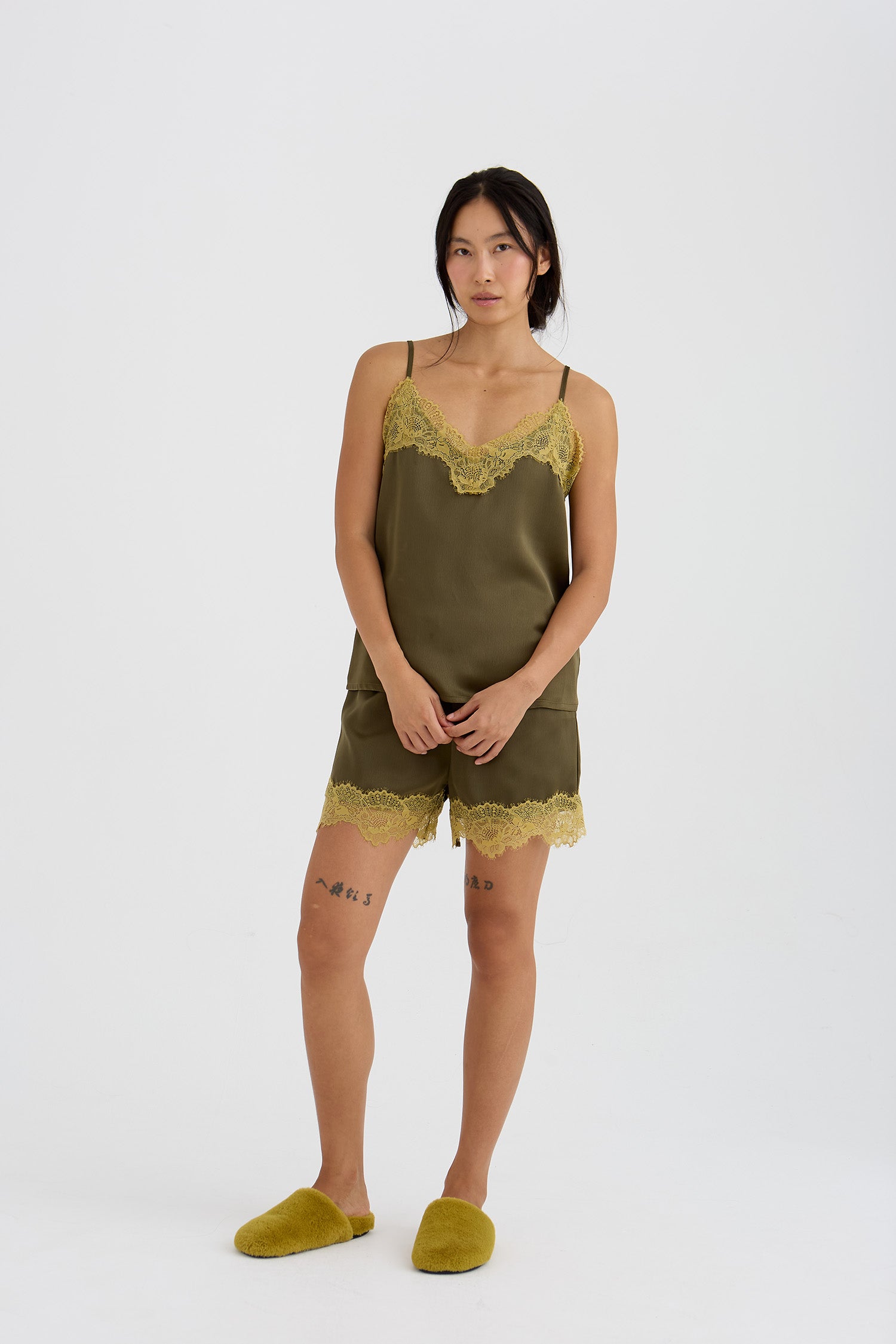 Eco Satin Lace Shorts In Olive