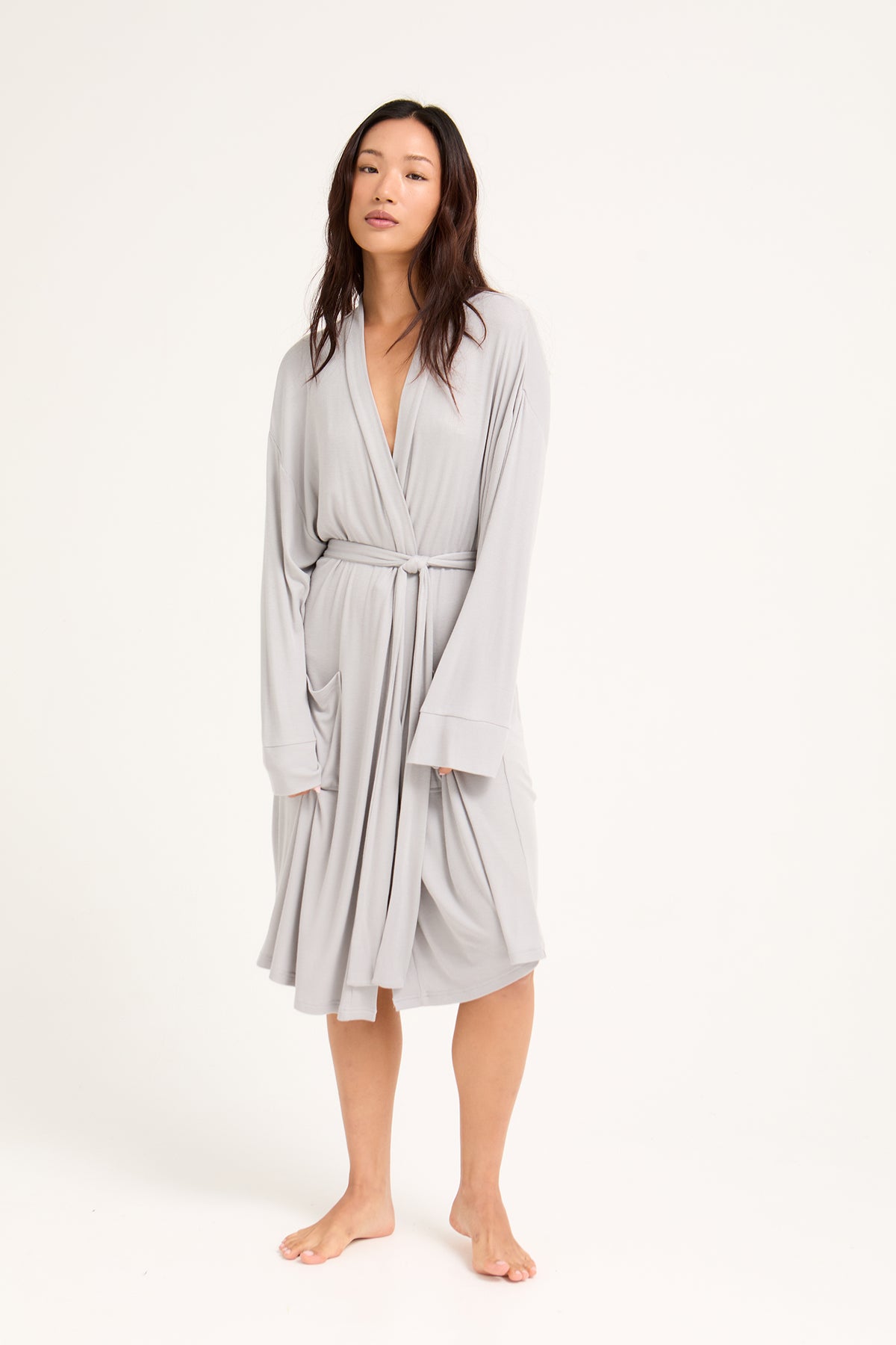 light grey dressing gown Ecovero Ribbed Robe Banded