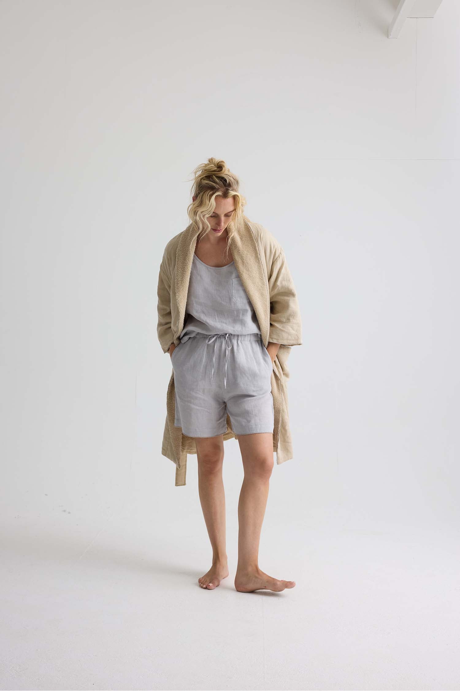 Short Terry Lined Linen Robe In Summer Sand