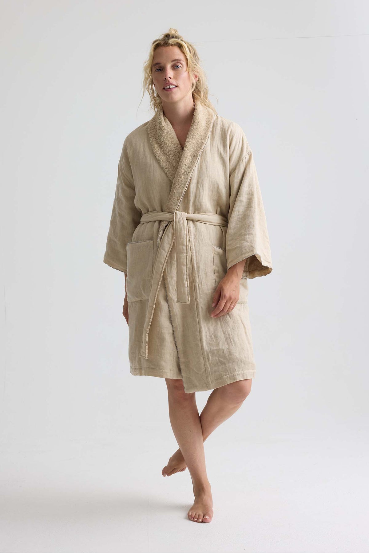 Short Terry Lined Linen Robe In Summer Sand