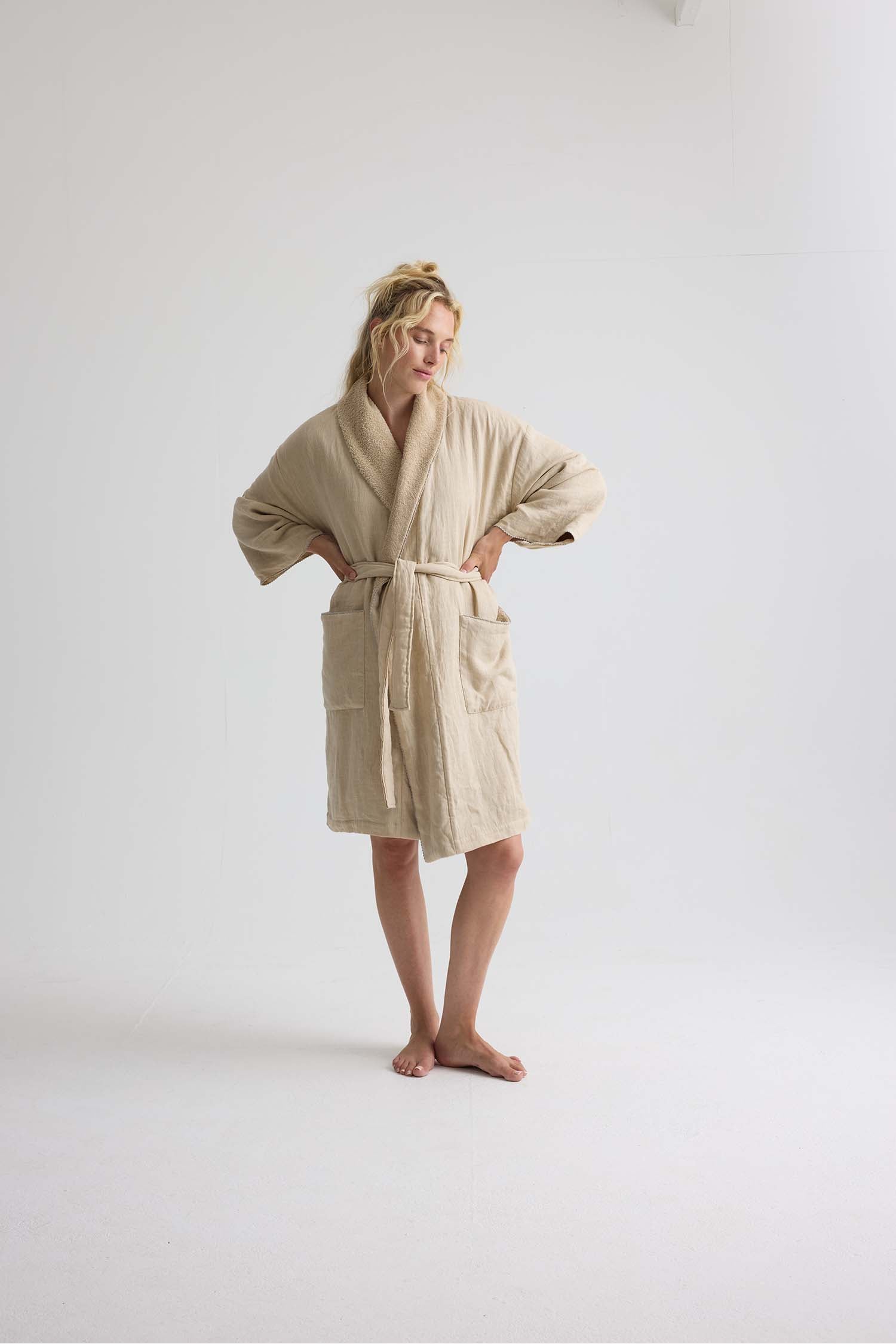 Short Terry Lined Linen Robe In Summer Sand