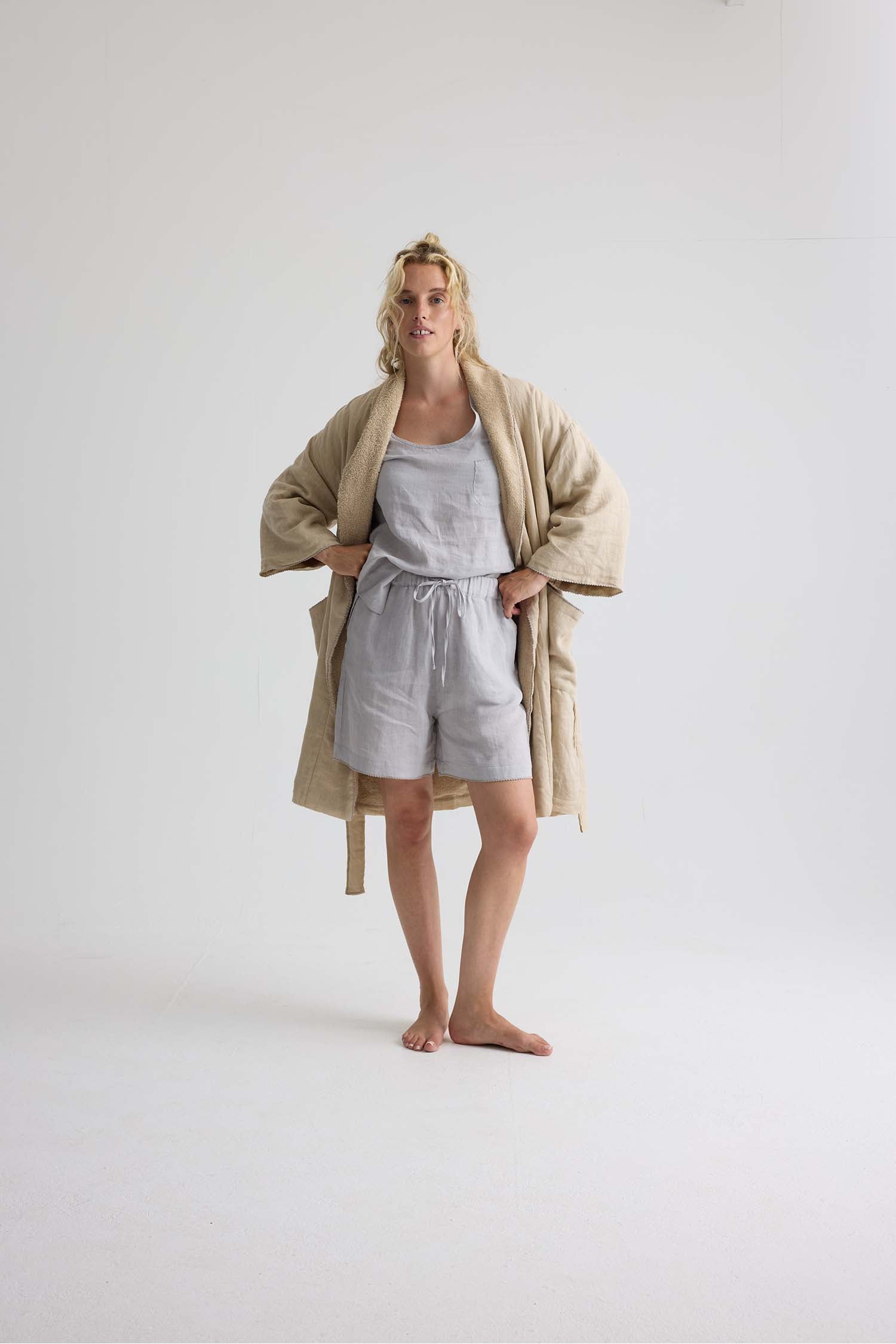 Short Terry Lined Linen Robe In Summer Sand