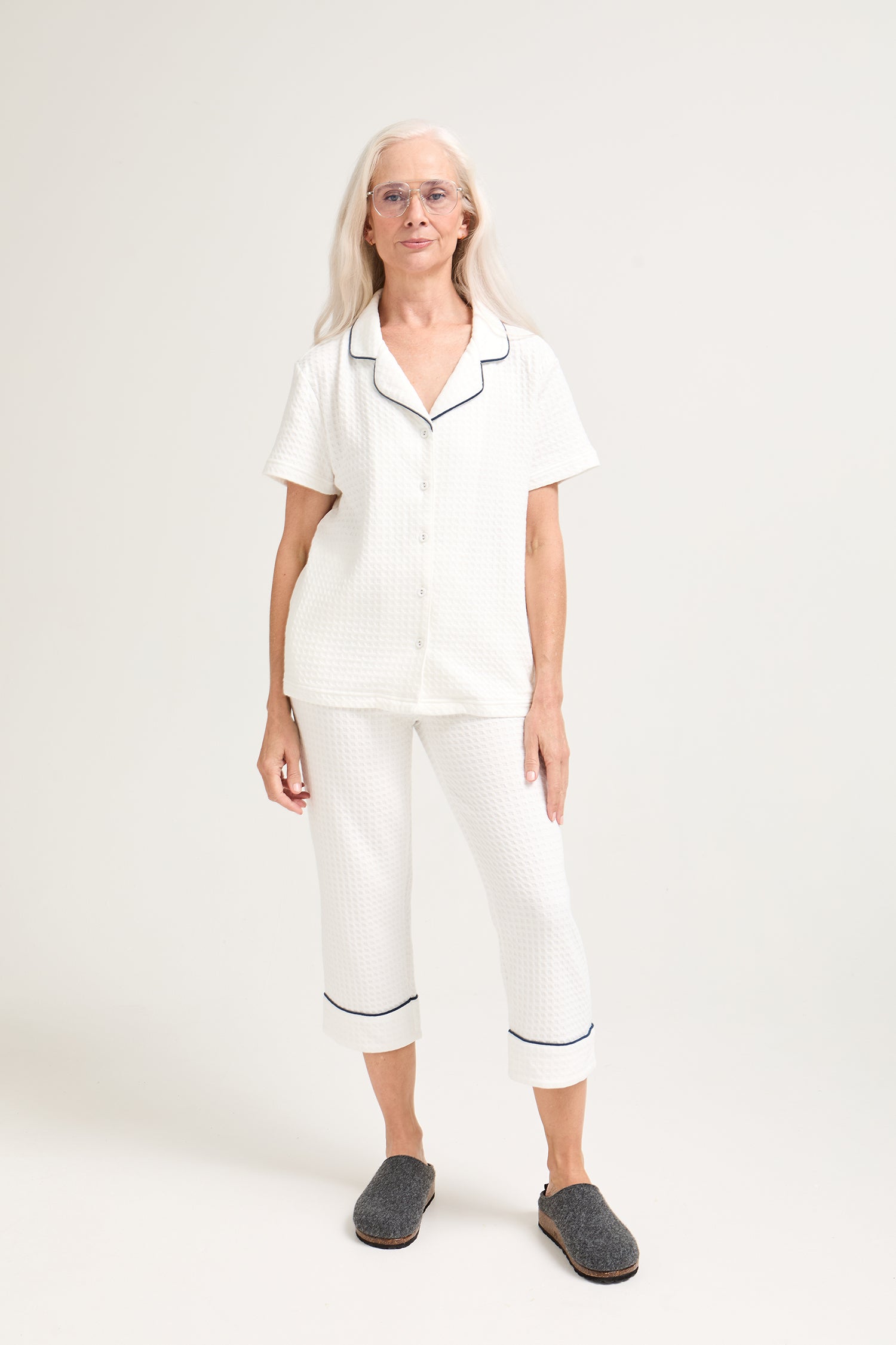 Luxury Suite Waffle Short Shirt Trouser Set in White
