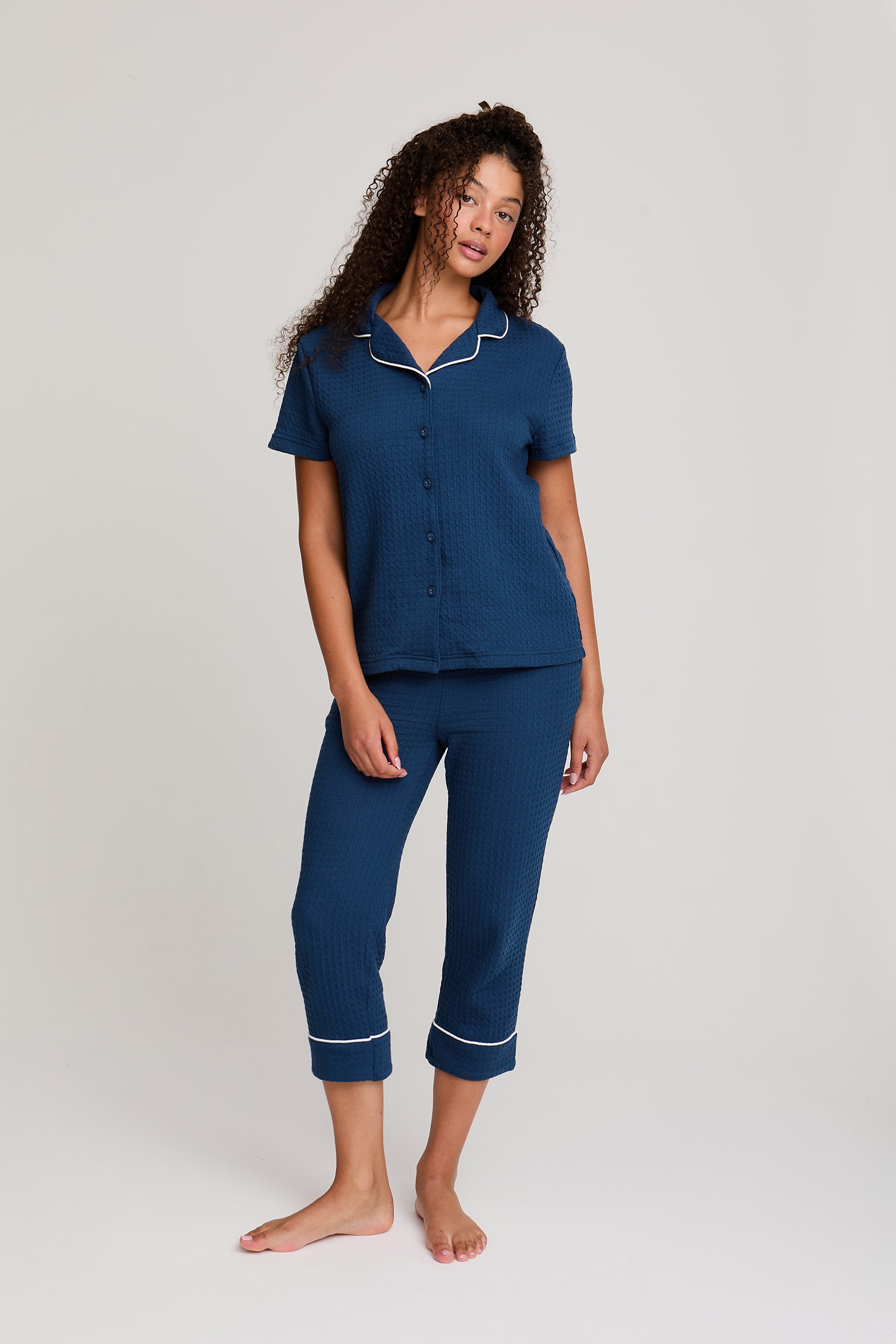 Luxury Suite Waffle Short Shirt Trouser Set in Marine Blue - Pajamas
