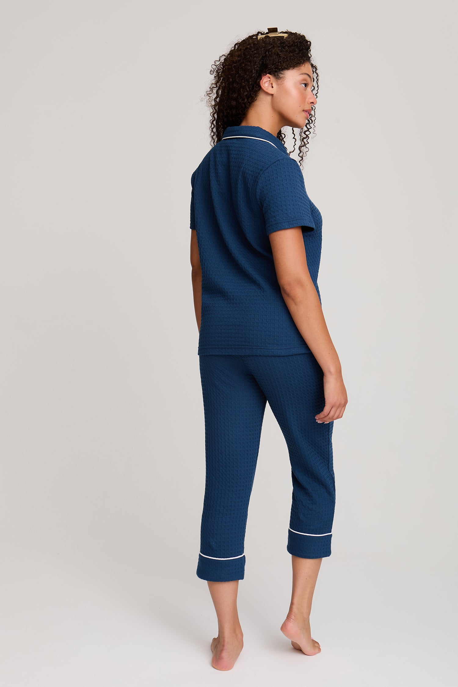 Luxury Suite Waffle Short Shirt Trouser Set in Marine Blue - Pajamas