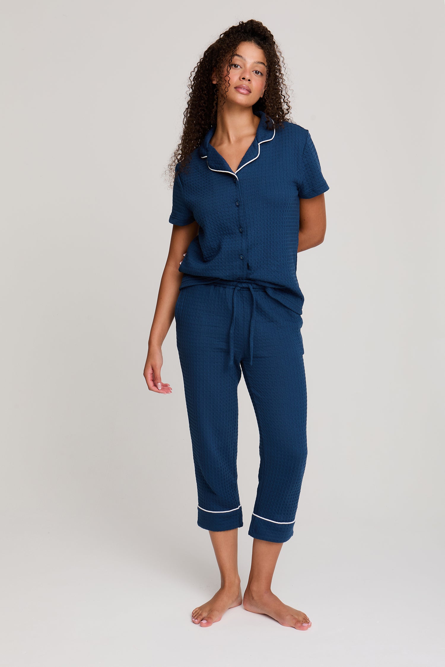 Luxury Suite Waffle Short Shirt Trouser Set in Marine Blue - Pajamas